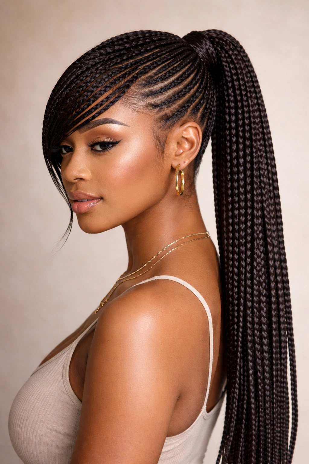 Lemonade braid ponytail with angled bangs in a side view