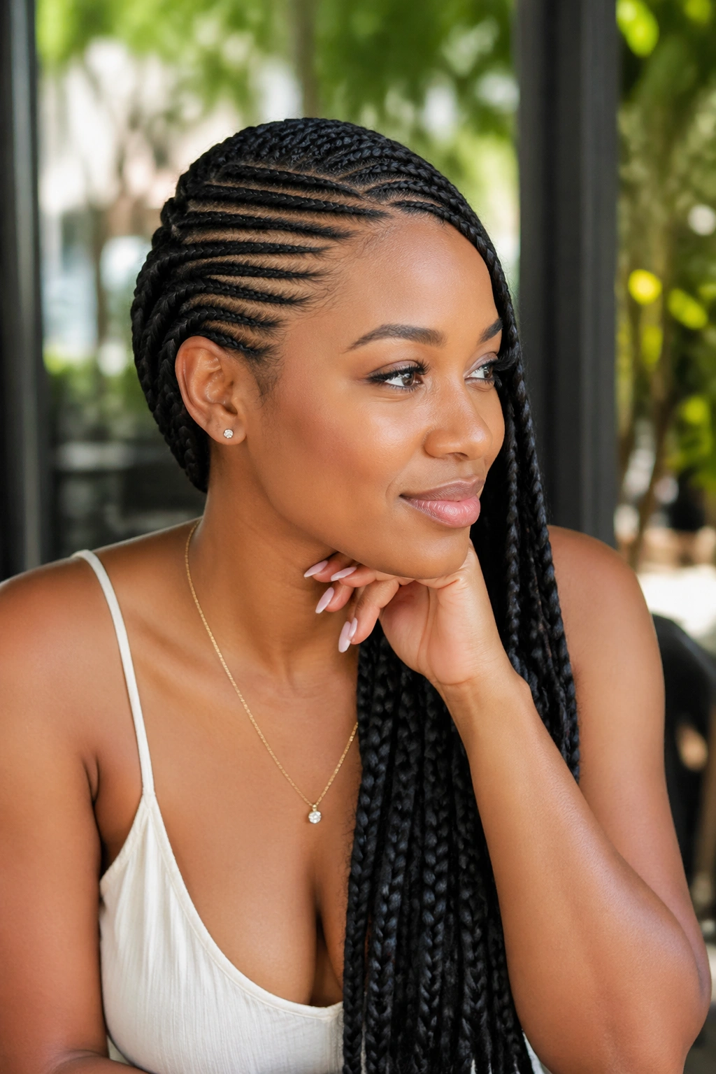 Side-profile of a real woman with lemonade braids swept to one side