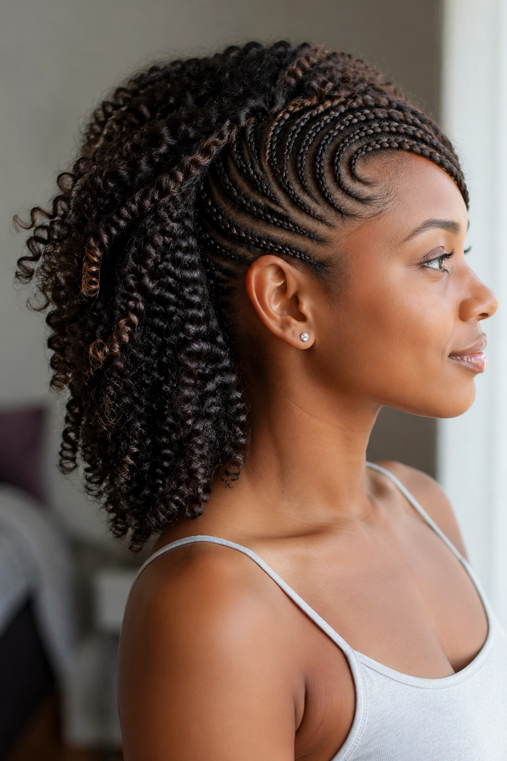Profile of real woman with lemonade braids front and natural curls back