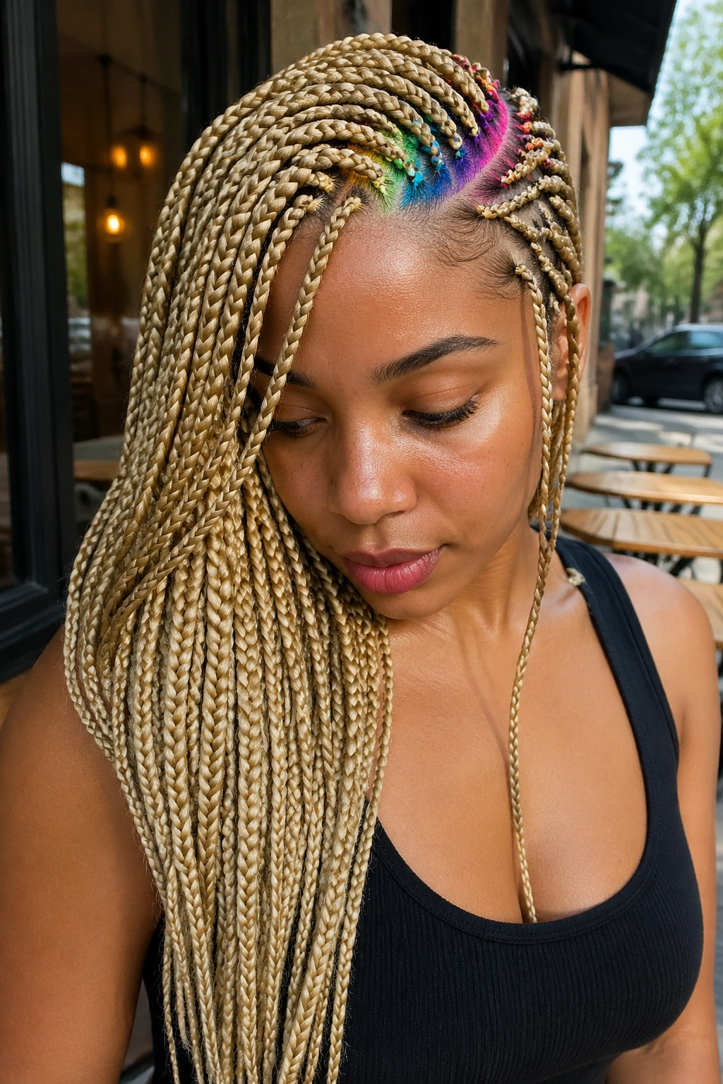 Portrait of a woman with lemonade braids and a rainbow part along the part line.
