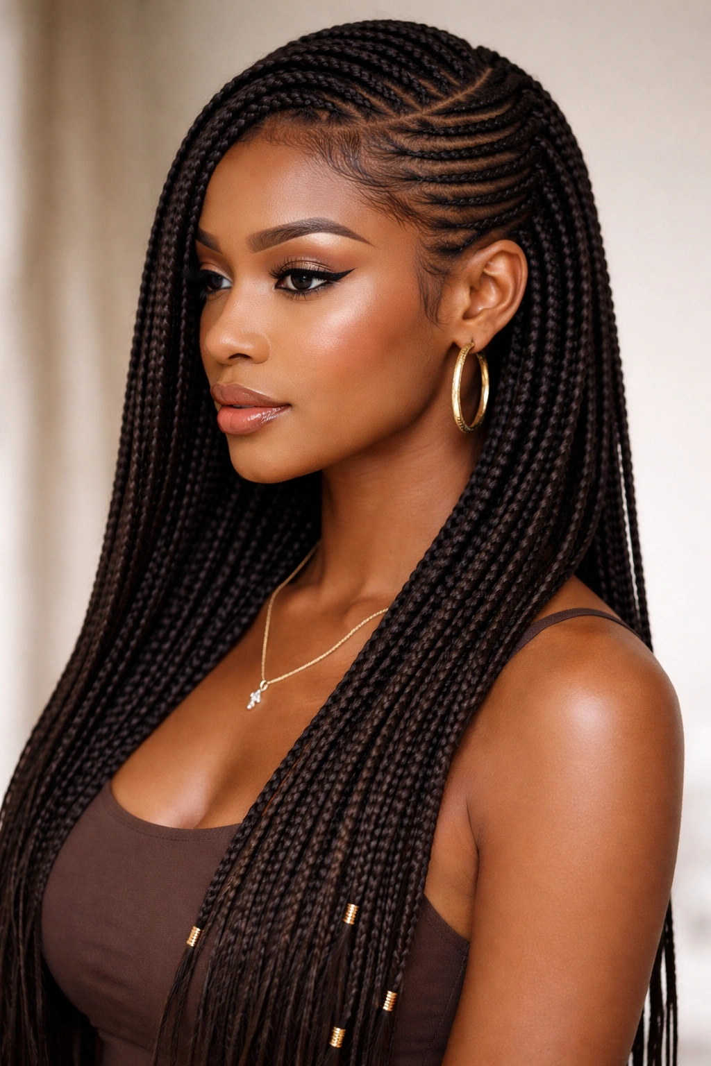 Side view of lemonade-inspired side braids swept over the shoulder