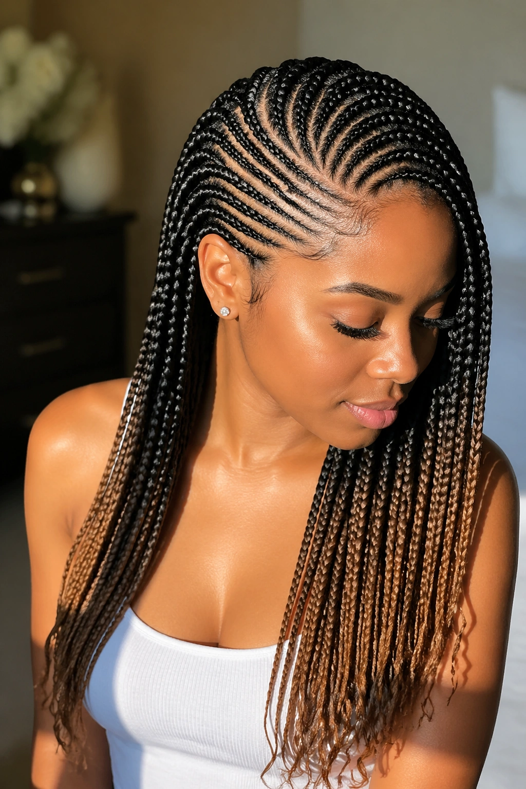 Close-up of lemonade-style feed-ins with deep side part and ombre