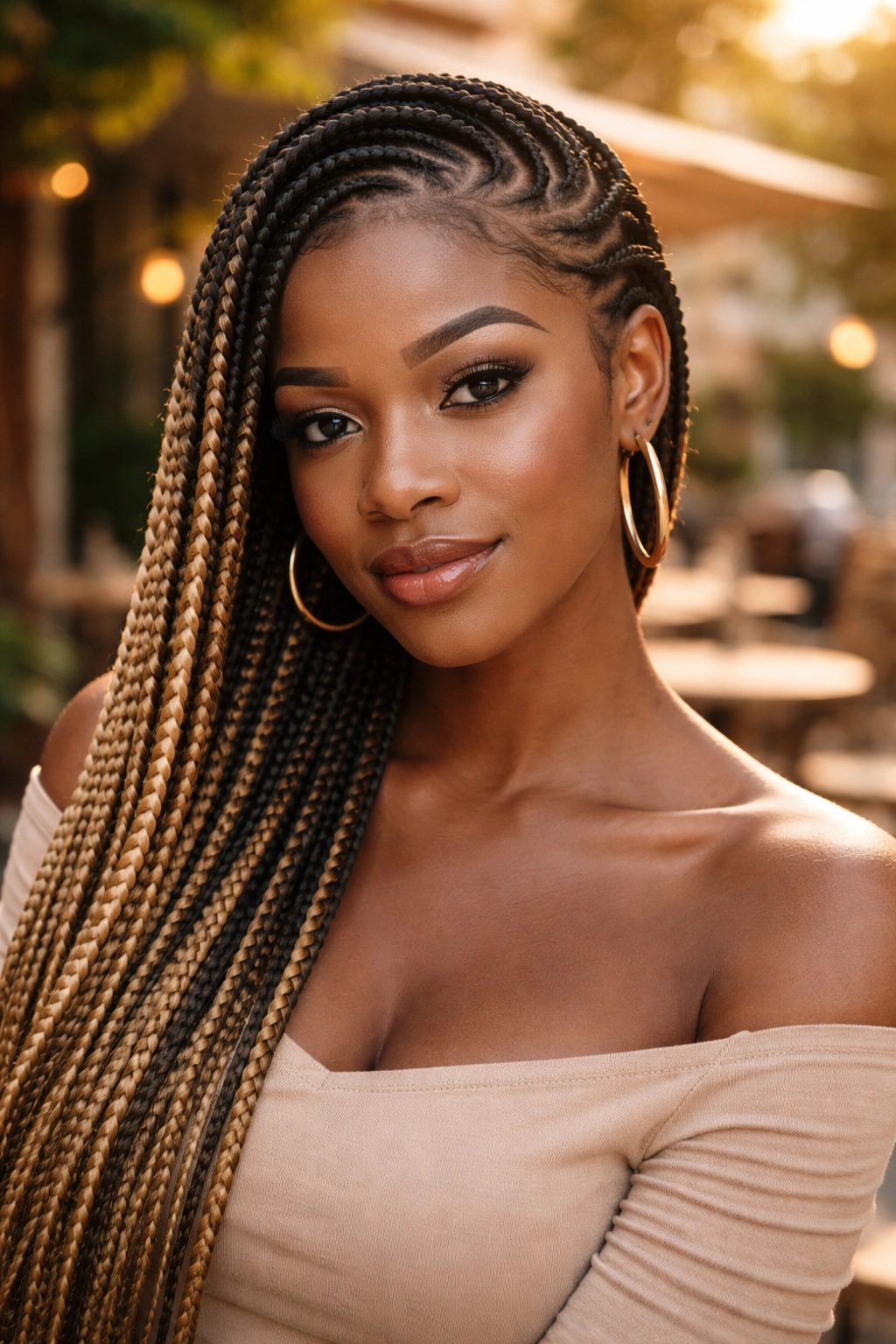 Lemonade braids swept to one side over the shoulder.