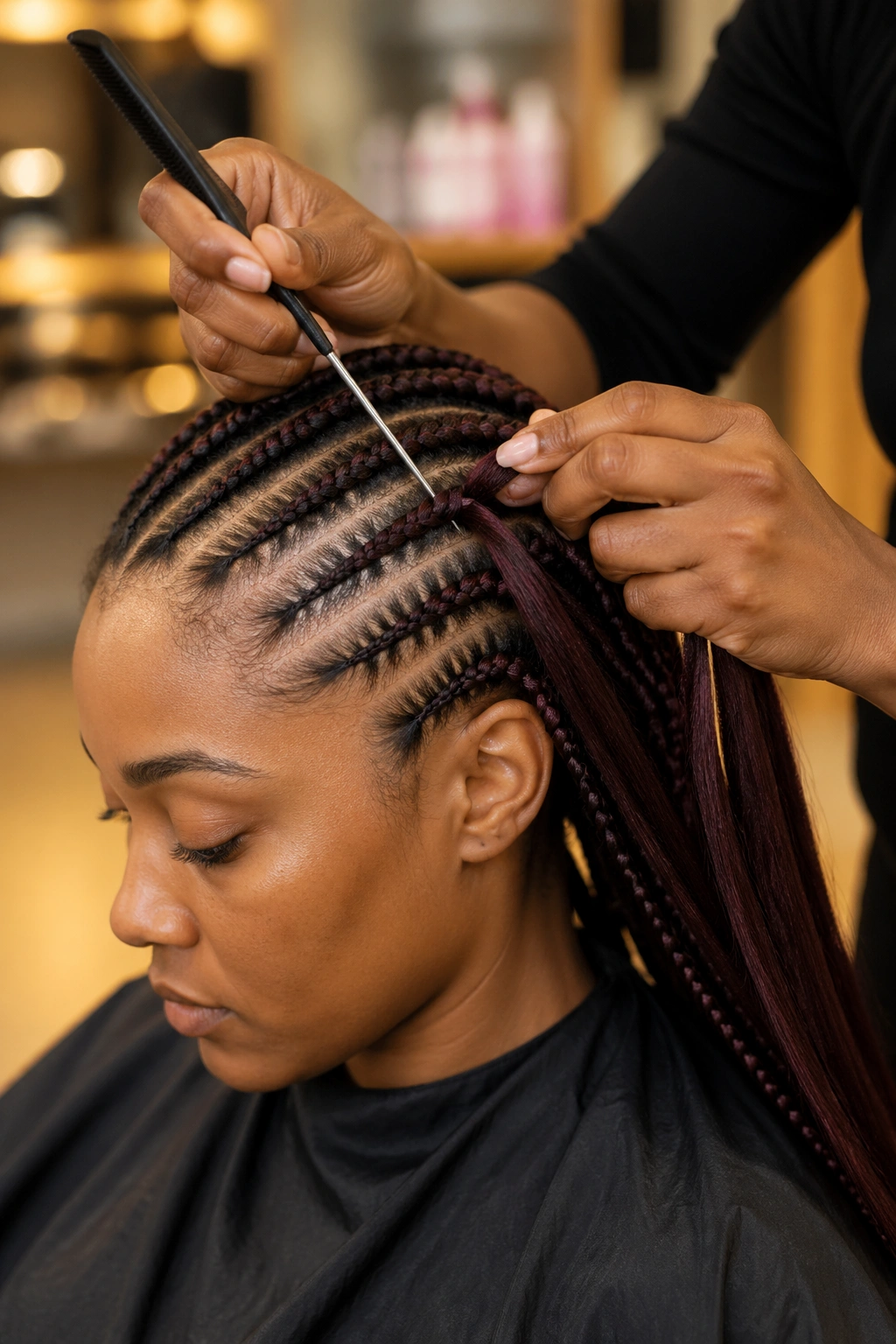 Braiding tools and kanekalon near a real person’s lemonade braids in progress
