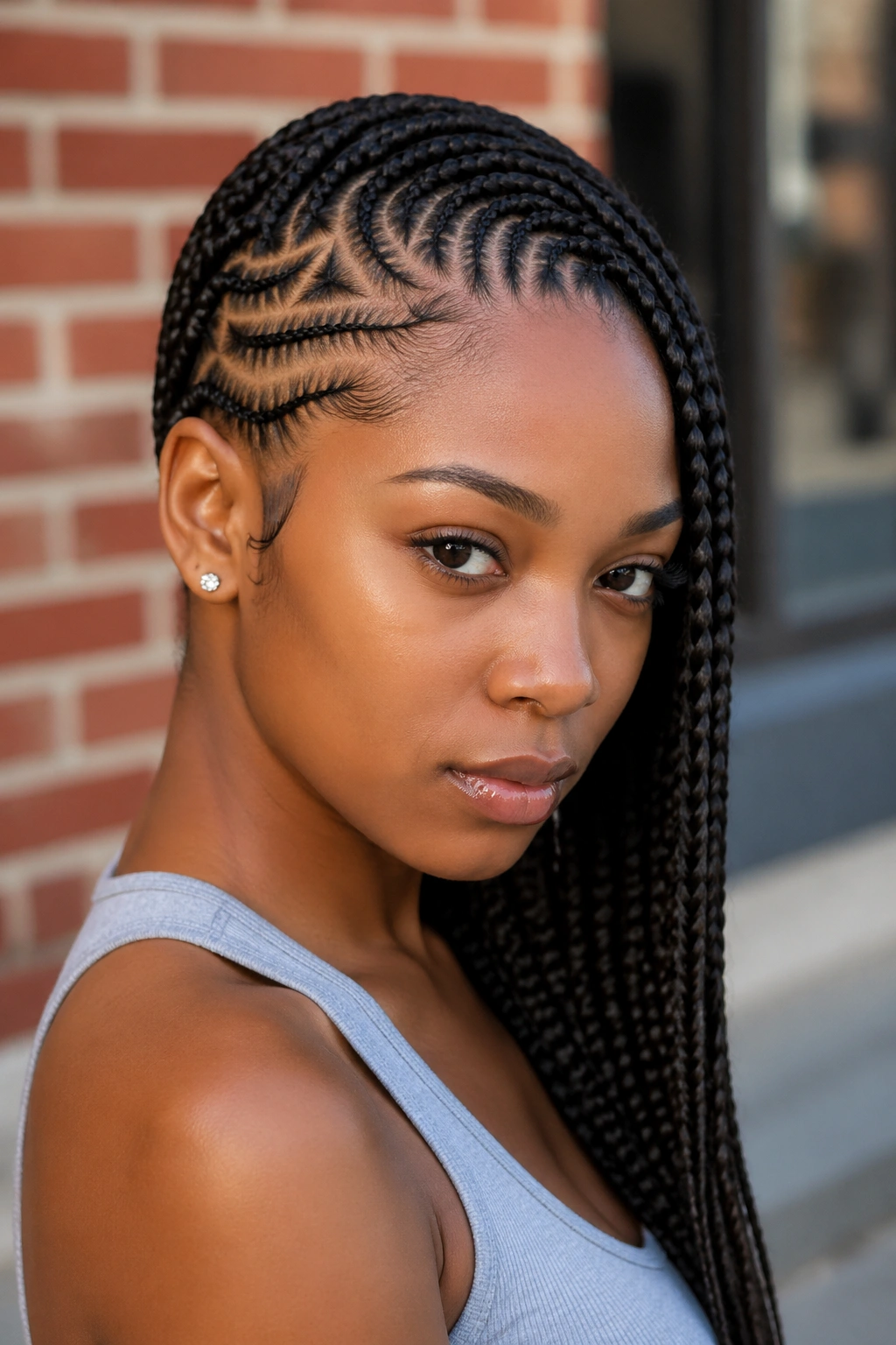 Close-up portrait of a real woman with lemonade braids featuring tribal parts