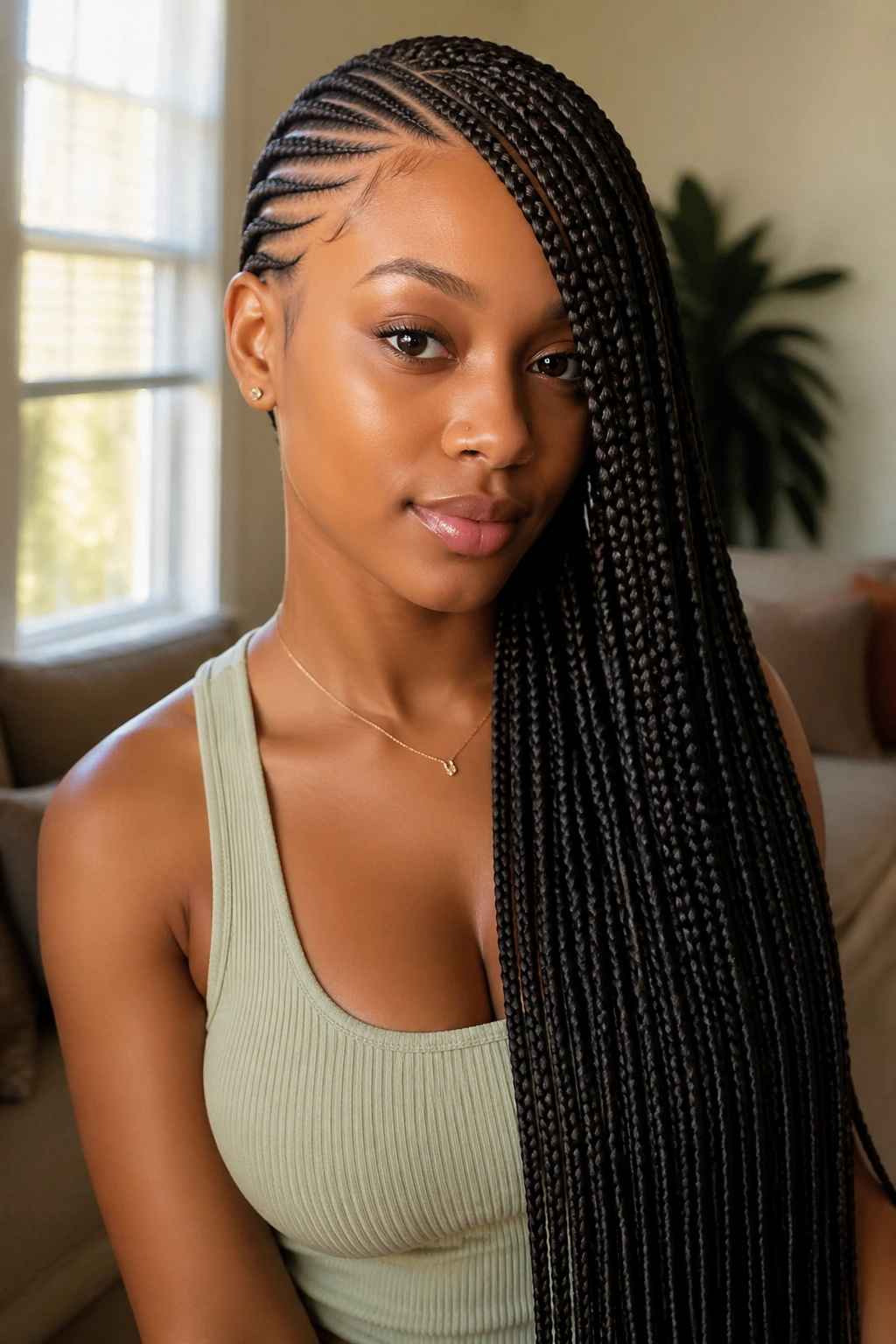 Close-up portrait of a real woman with Classic Long Lemonade braids sweeping to one side