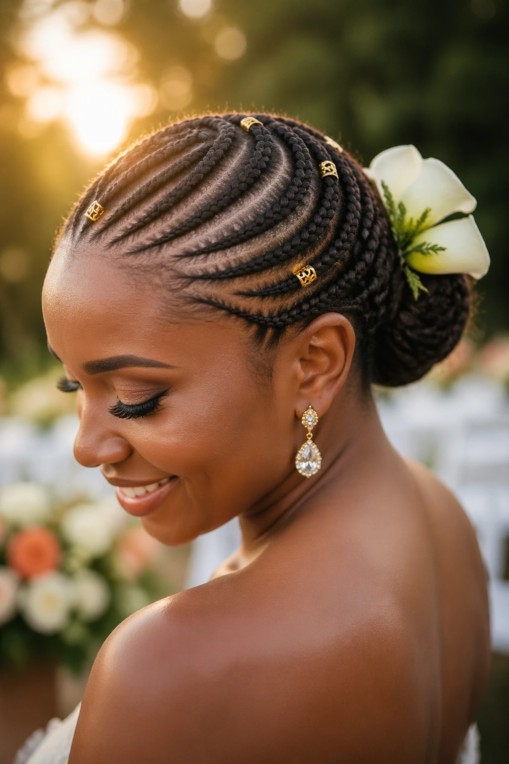 Bride with lemonade braids side swept to nape