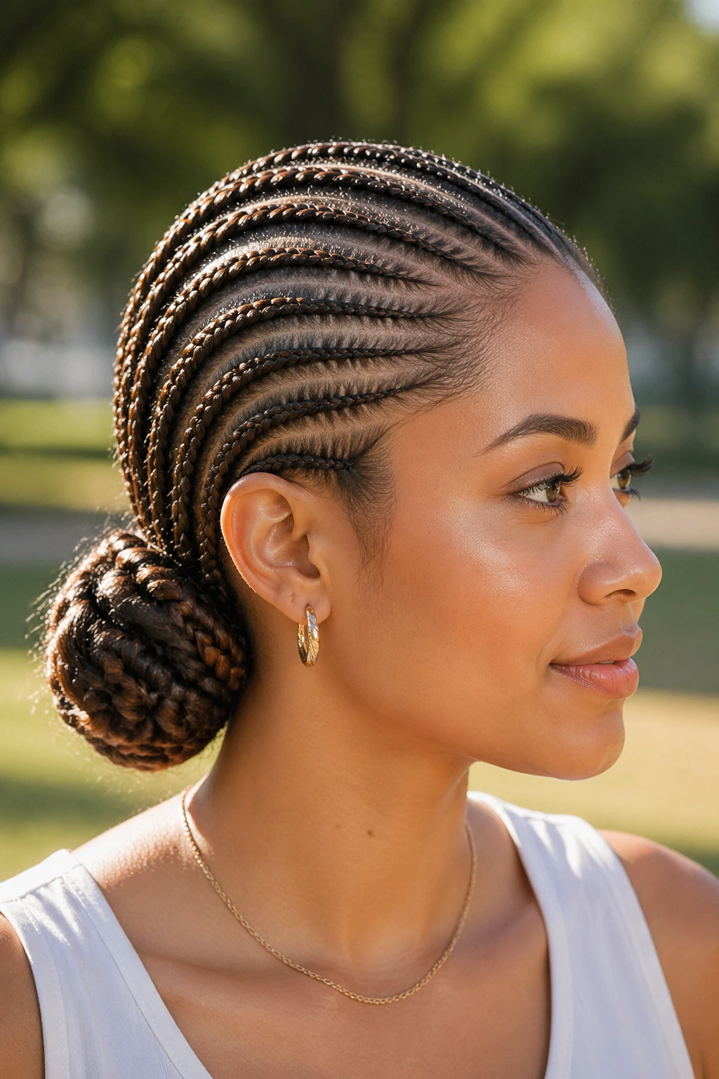 Portrait of a real woman with lemonade swept into a cornrow bun behind the ear.