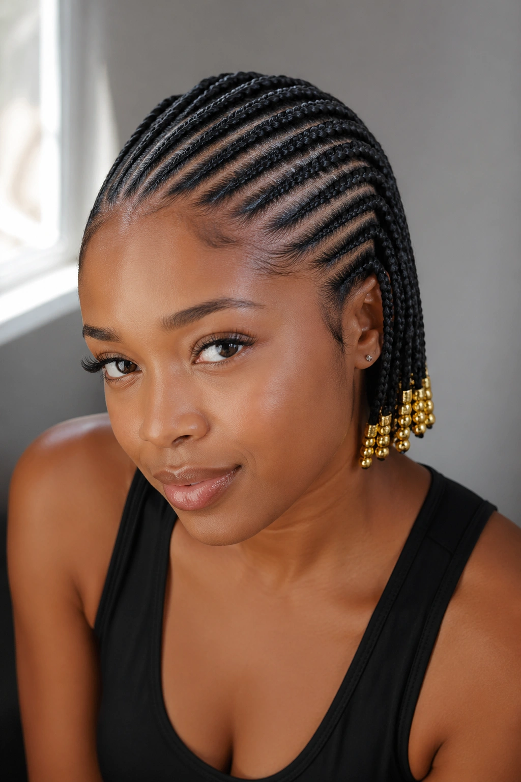 Lemonade cornrows diagonally across scalp with gold beads at braid tips on real person