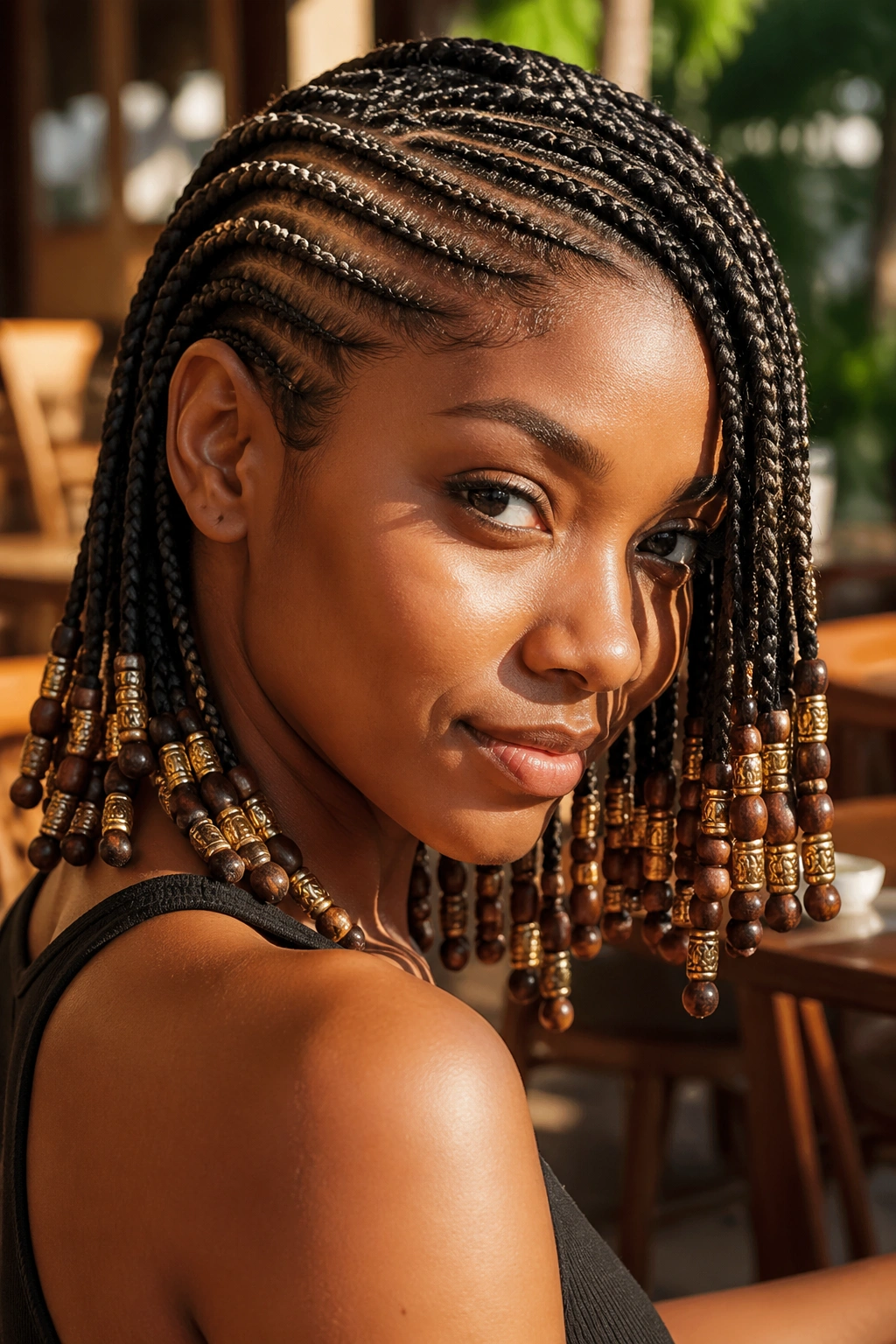 Close-up of a real woman with lemonade cornrows ending in beads catching light.