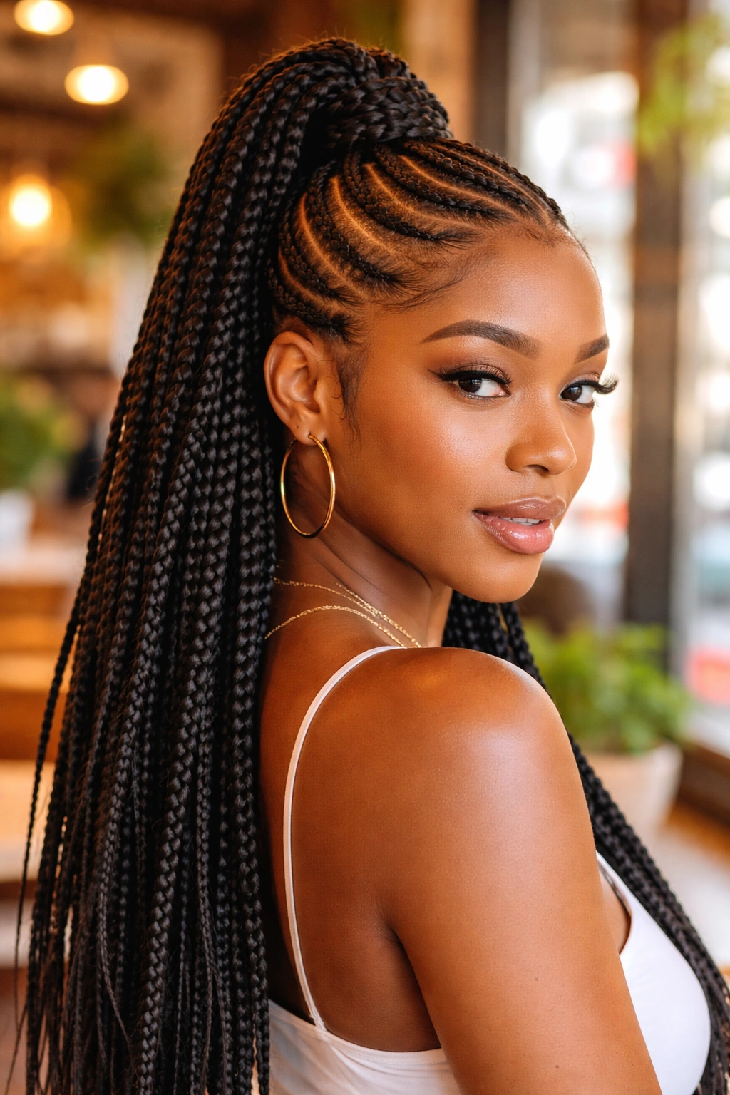 Lemonade diagonal cornrows transitioning into box braids down on a real person.