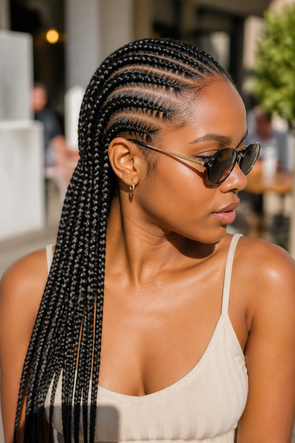 Eight lemonade-style cornrows cascading over shoulder on real person.