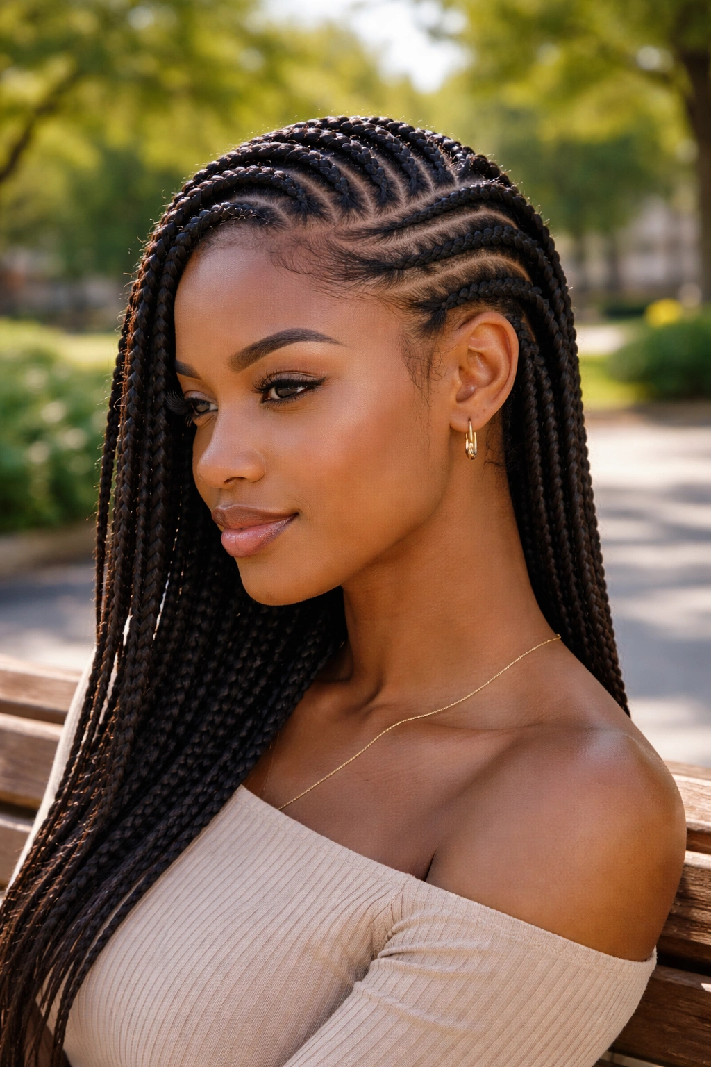 Real woman with lemonade diagonal cornrows outdoors in sunlight
