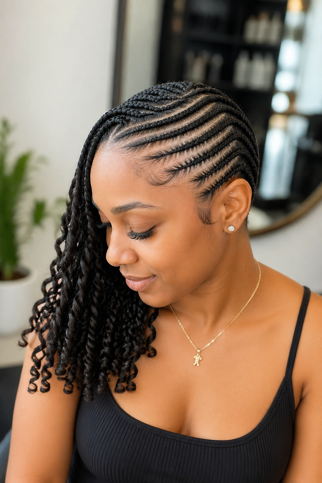 Real woman with lemonade cornrows and rope twists in bright salon light