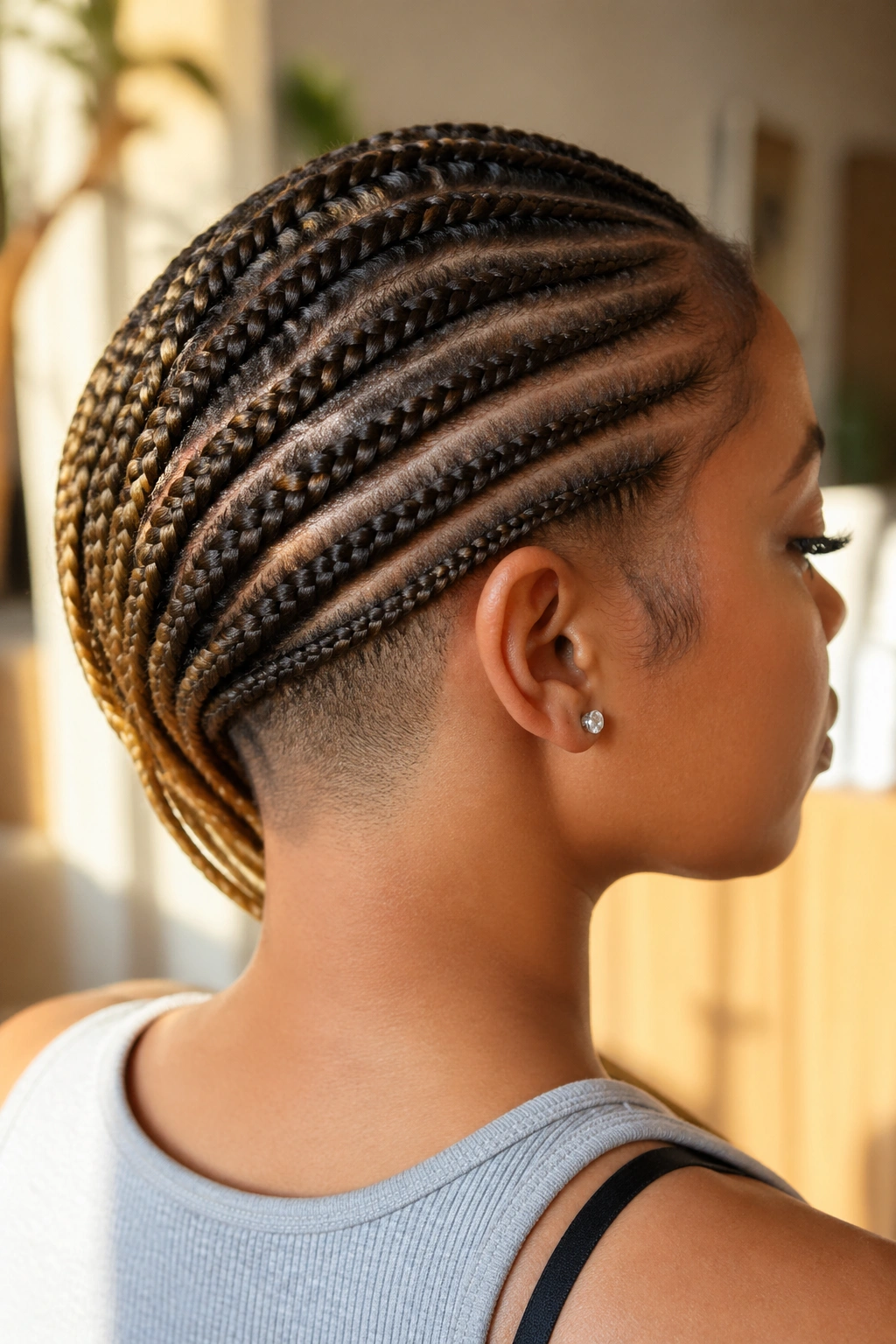 Portrait of a real person with lemonade diagonal cornrows and shaved nape.