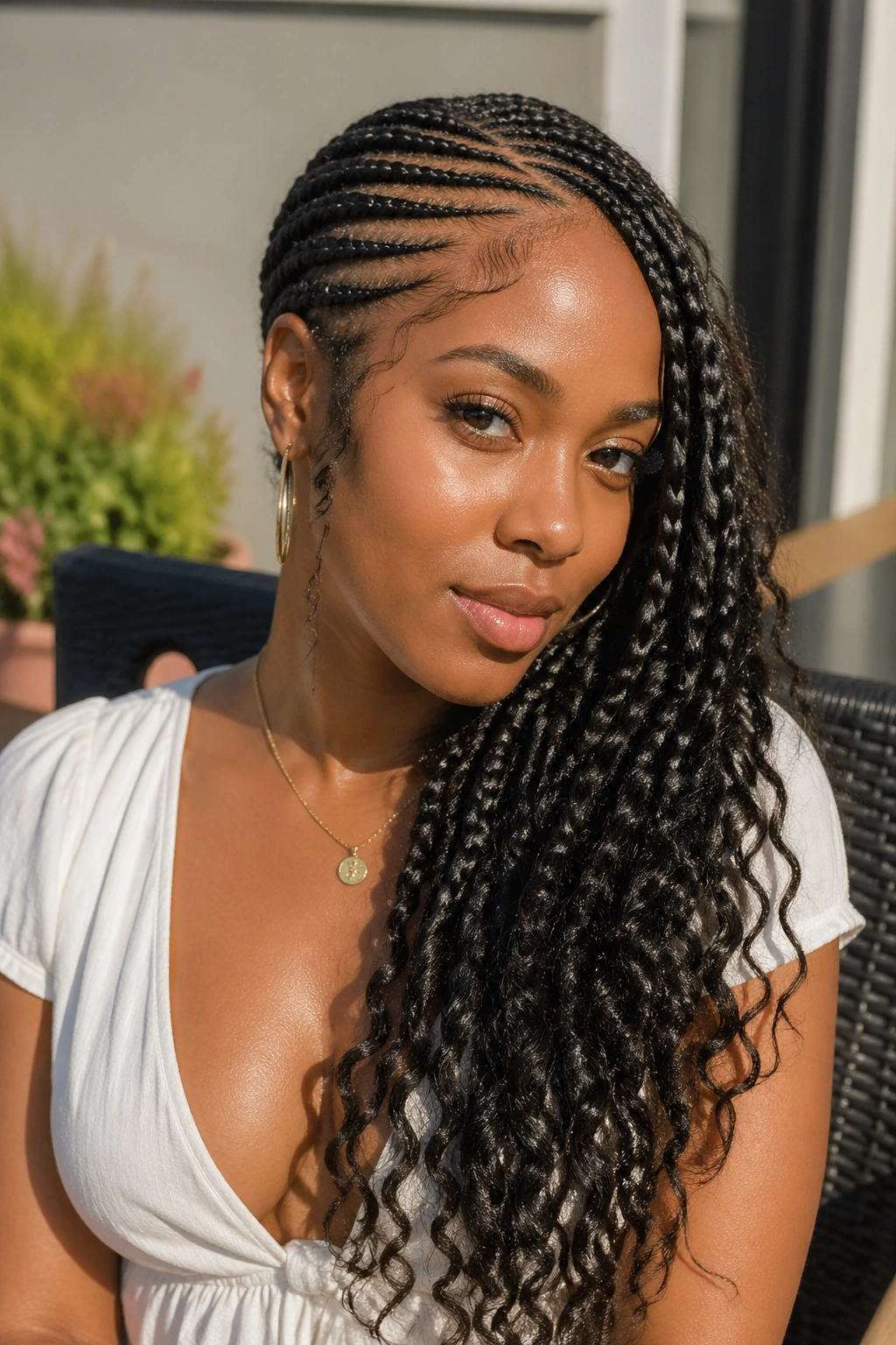 Portrait of a woman with lemonade goddess braids ending in curls in warm sunlight