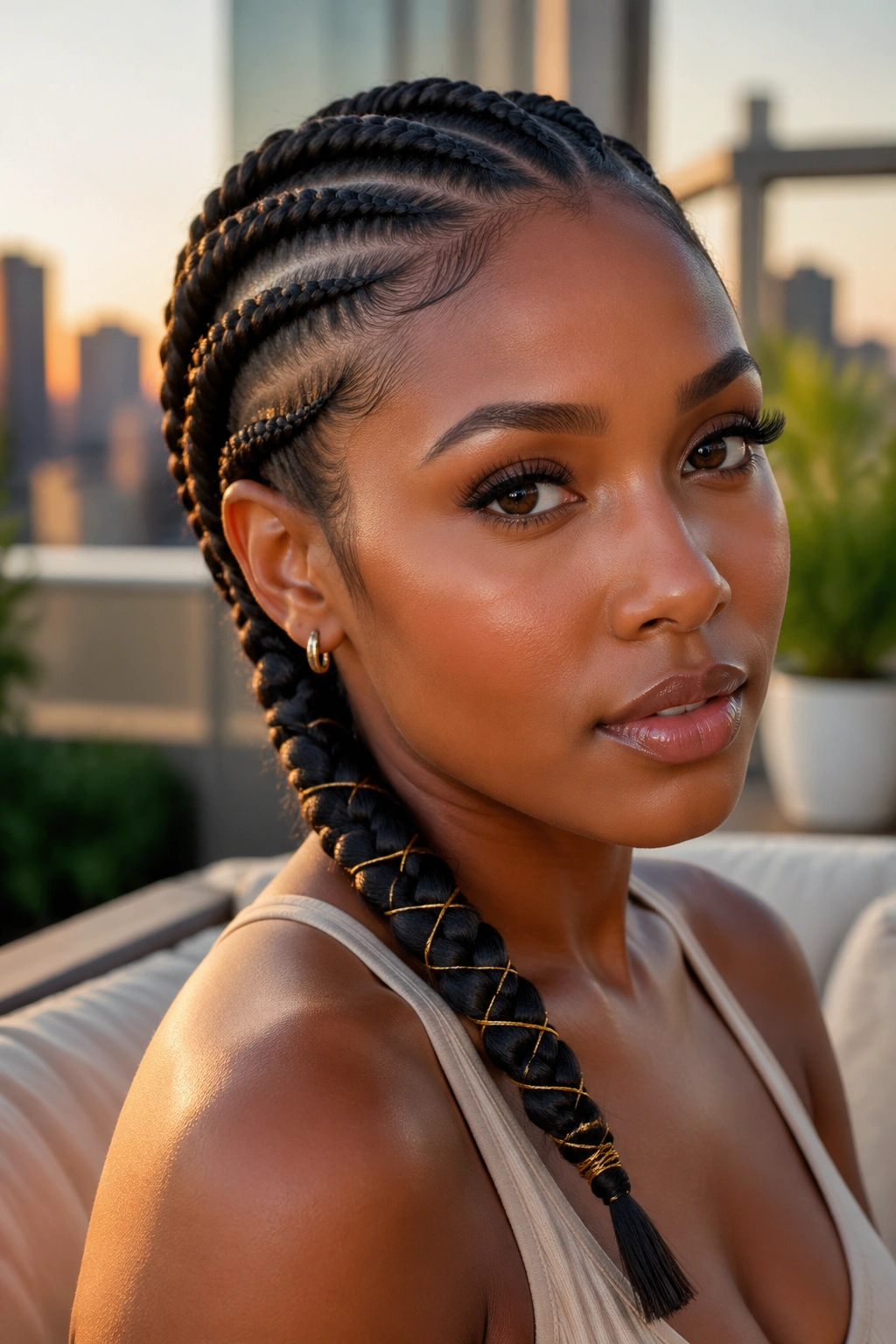 Portrait of a real woman with lemonade braid accented by gold thread.