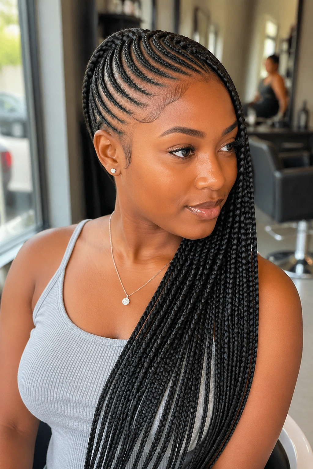 Close-up of a real woman with lemonade-style side braids diagonal across the head