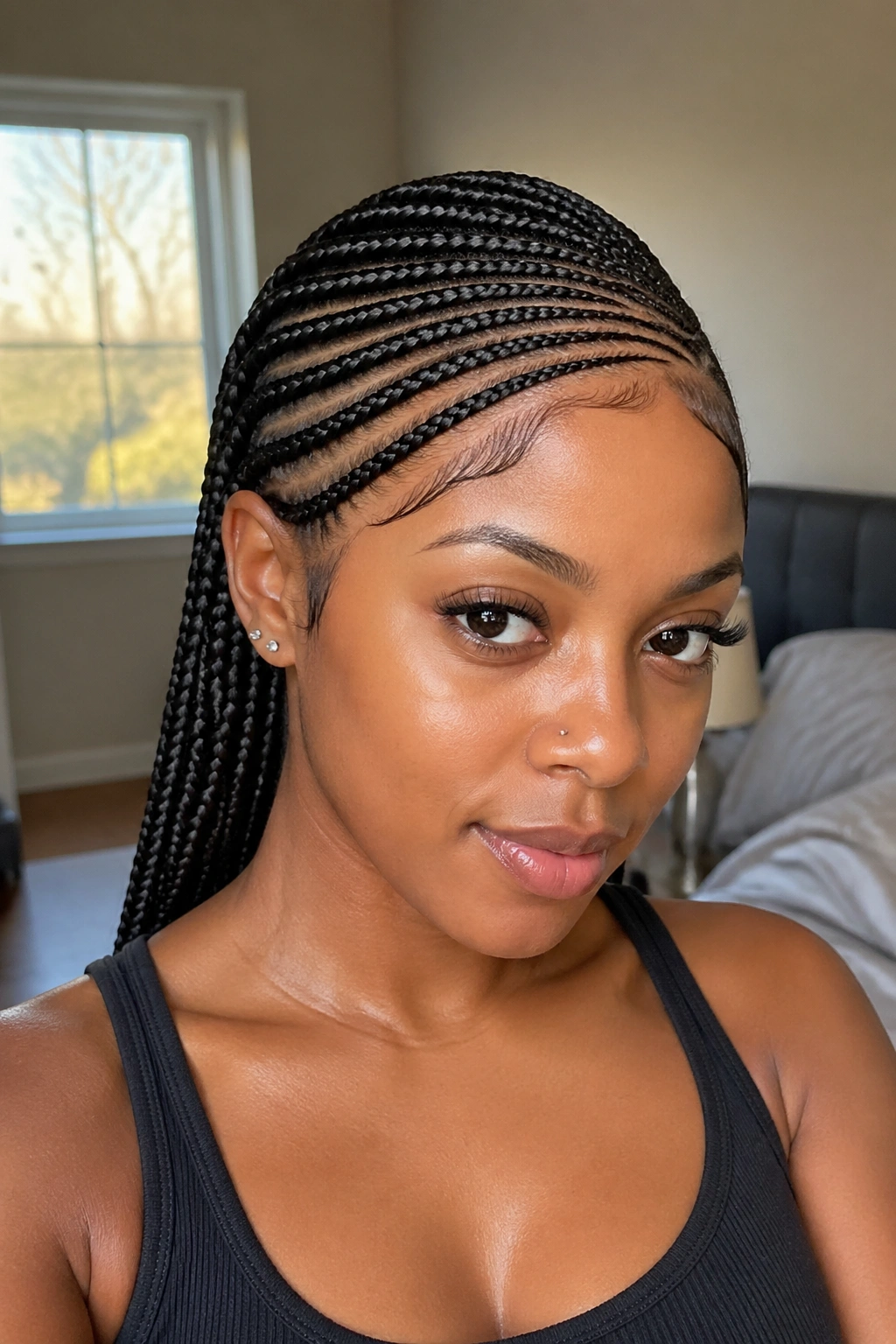 Close-up of a real woman with Lemonade Side Sweep cornrows, small stitch diagonal crown.