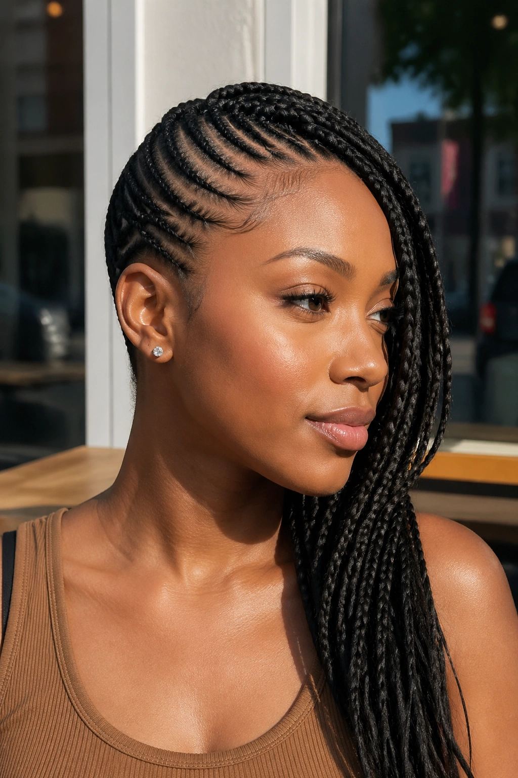 Real person with knotless cornrows swept to one side in a lemonade side sweep.