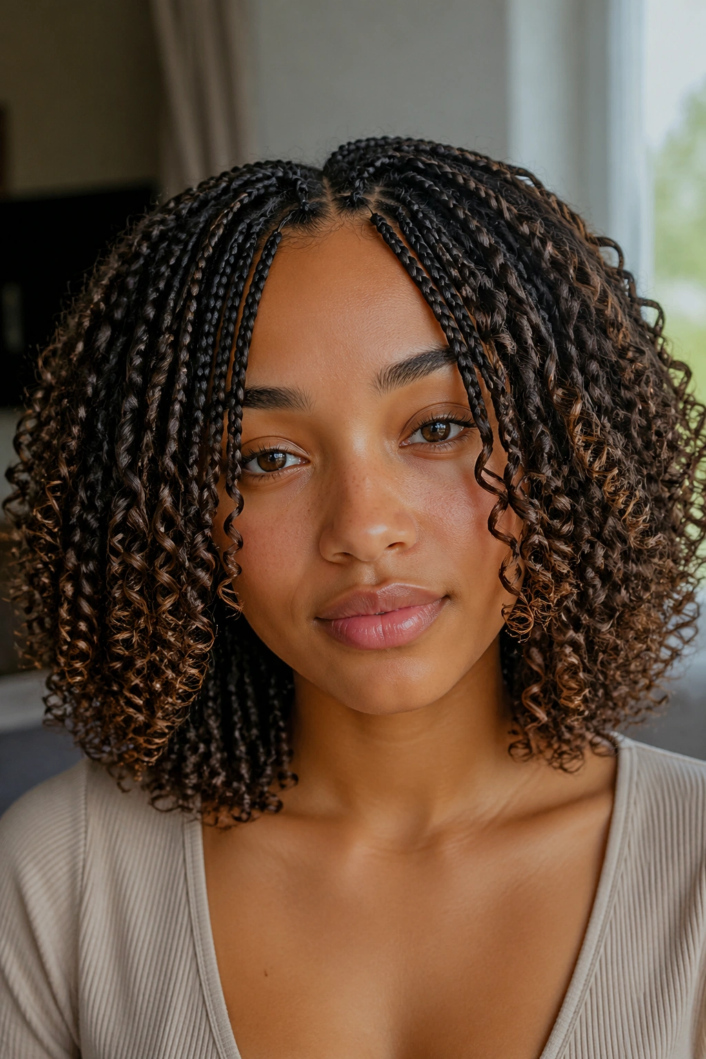 Close-up of equal-length braids and curls around a real person's head.