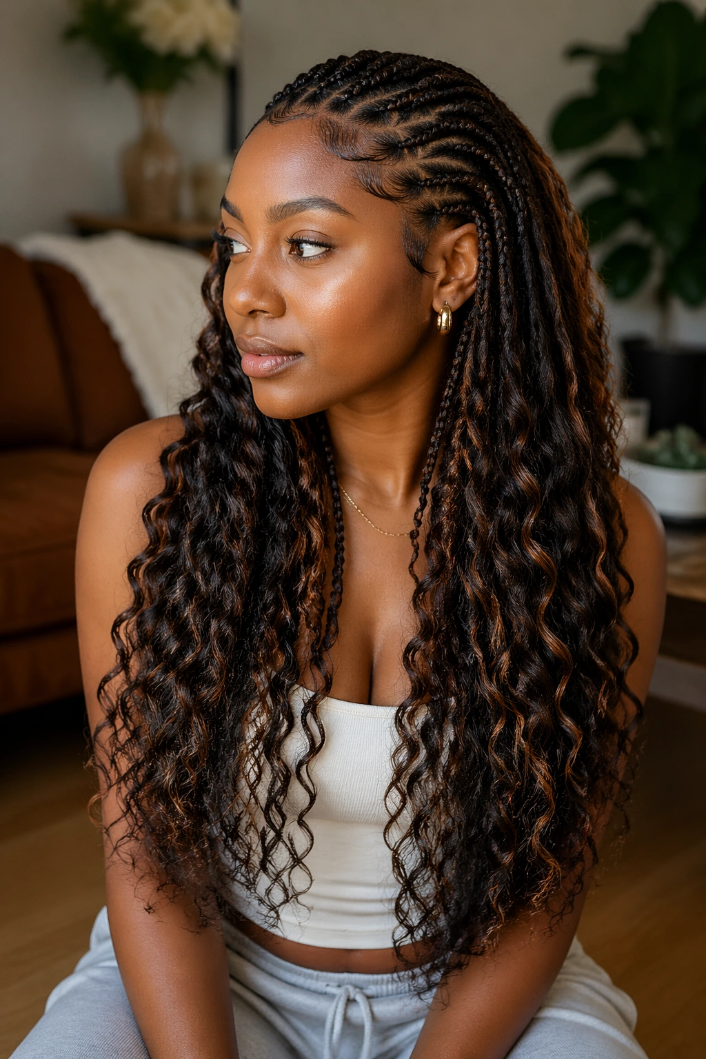 Close-up of a real woman with long, dense cornrows showing length and fullness