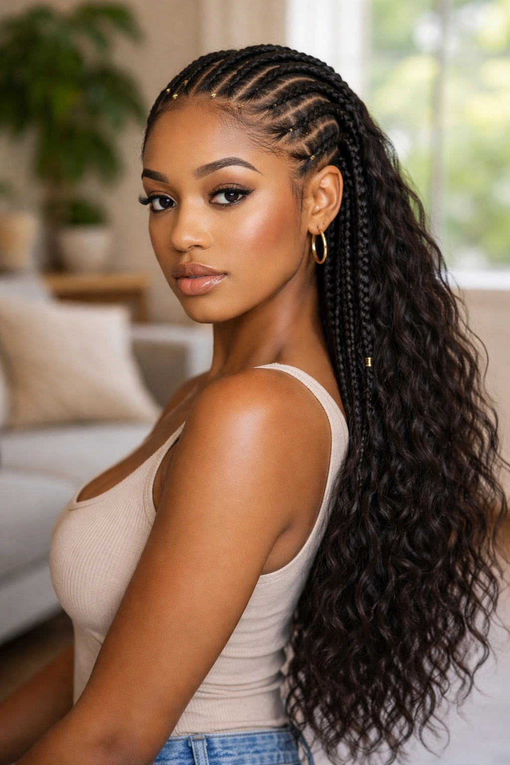 Half cornrow with long loose hair showing length and density.