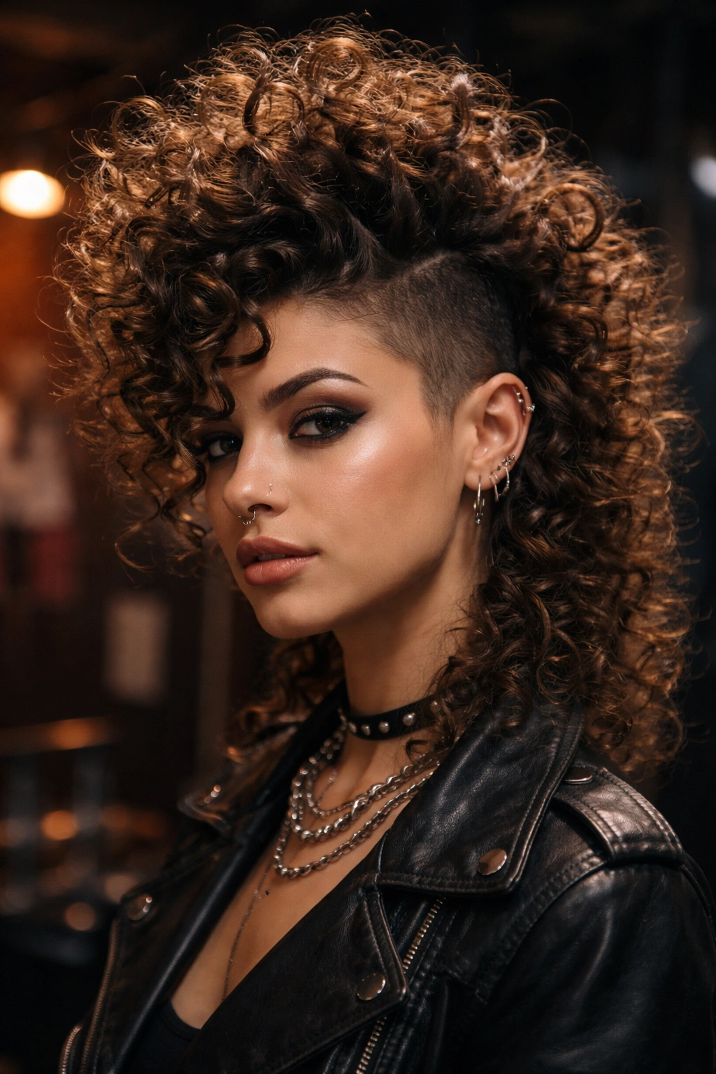 Close-up portrait of a real person with a liberty-spike-inspired curl hawk in a backstage venue