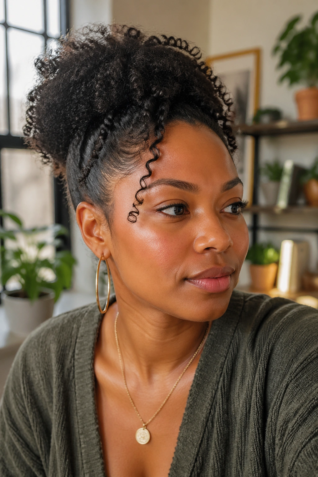Close-up portrait of a Black woman with a lifestyle-friendly hairstyle in a cozy home setting.