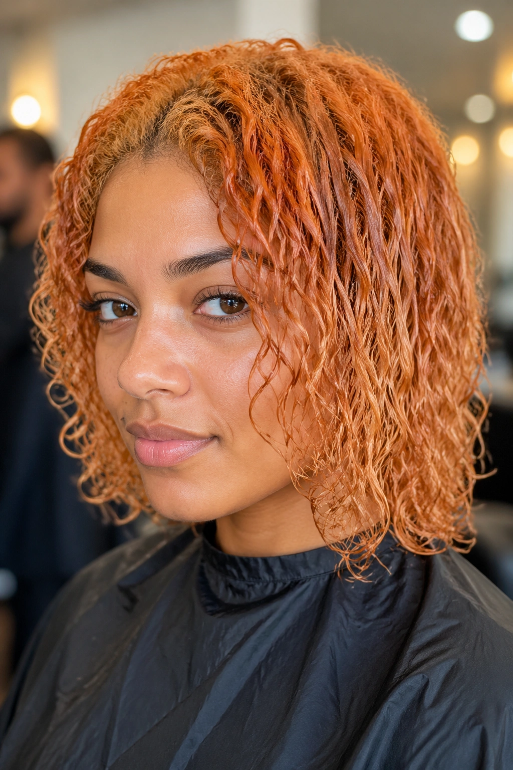 Close-up of copper-toned hair lifted to orange-gold in a salon setting on a real person