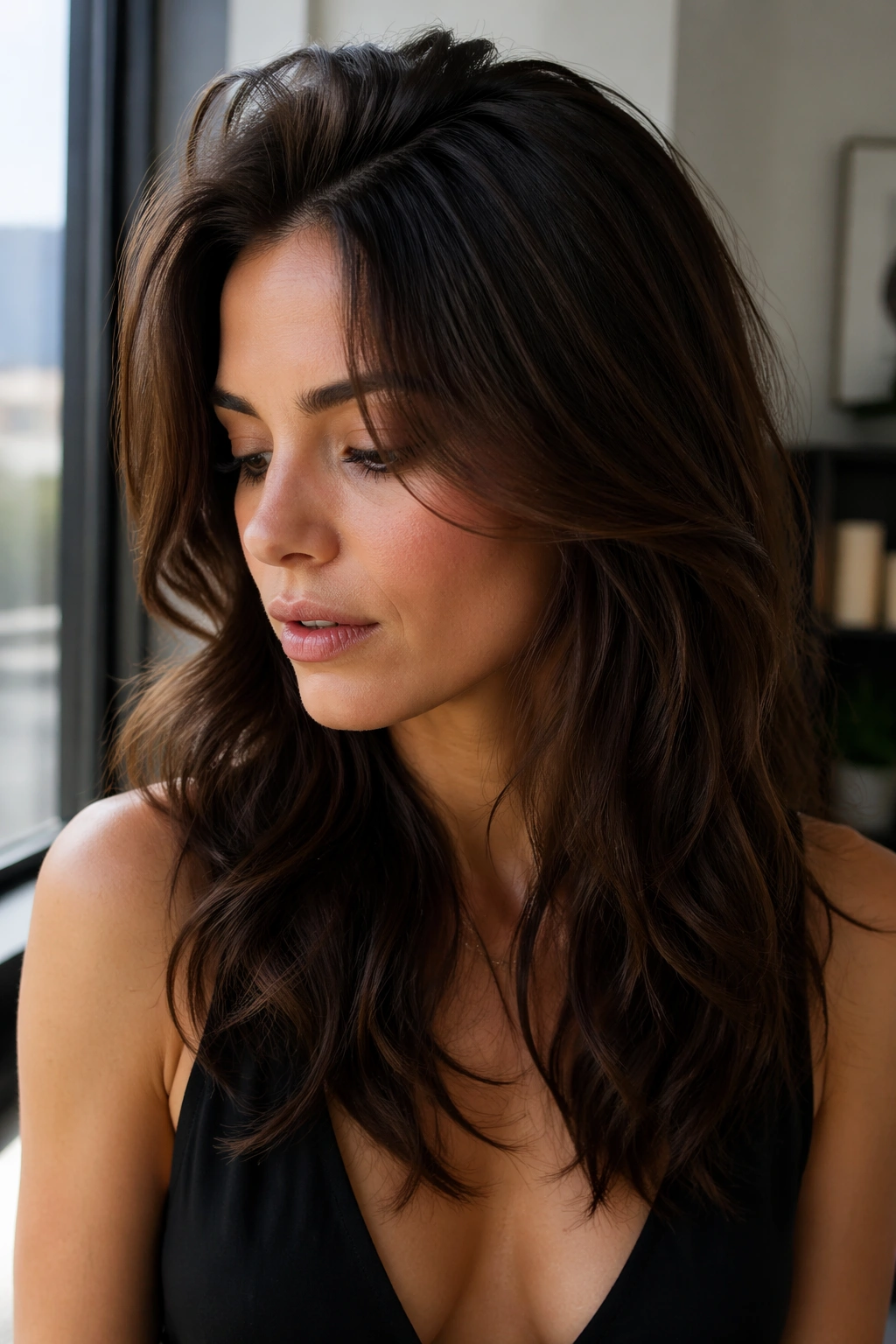 Brunette with lifted crown layers showing fuller top volume