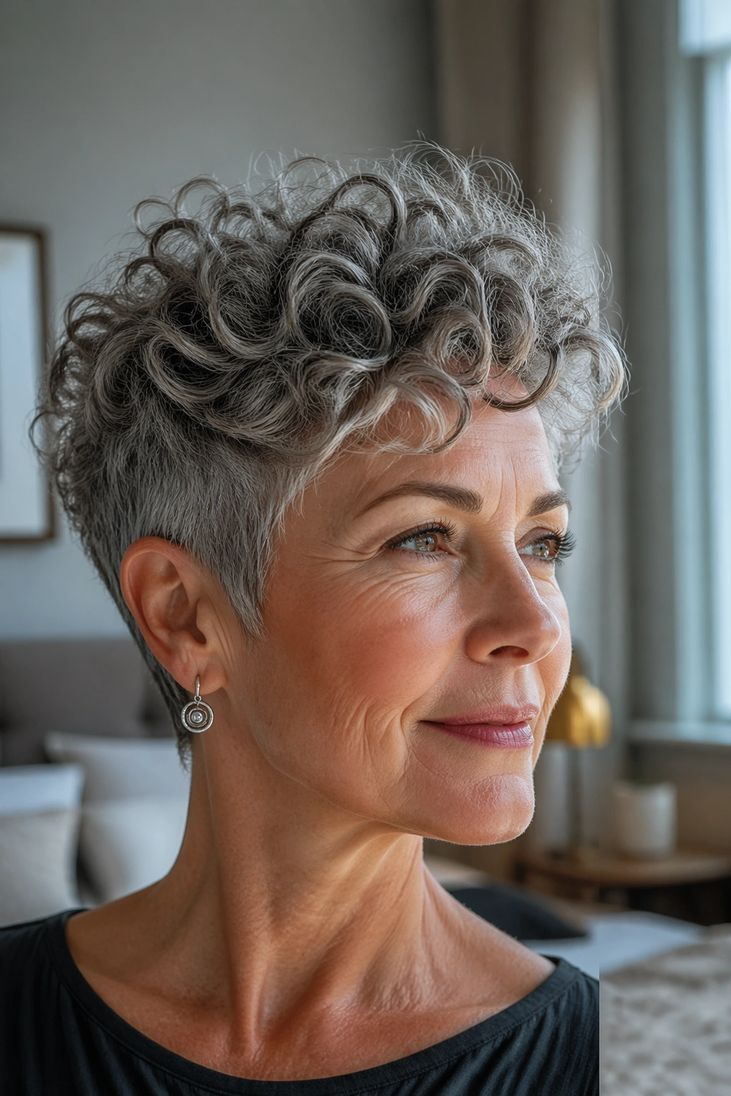 Real woman with lifted crown curly pixie for extra height
