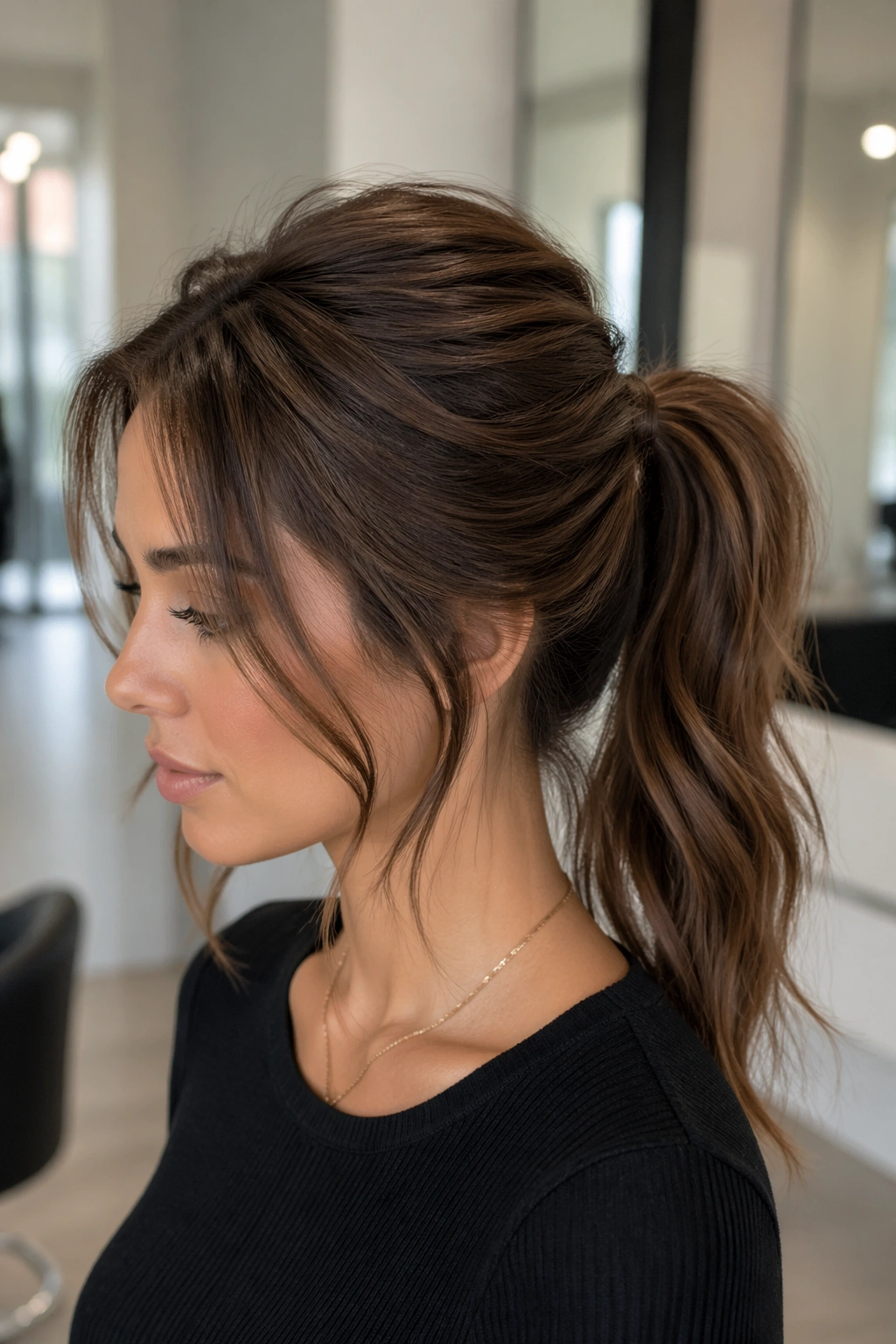 Close-up portrait of a real woman with a lifted crown ponytail