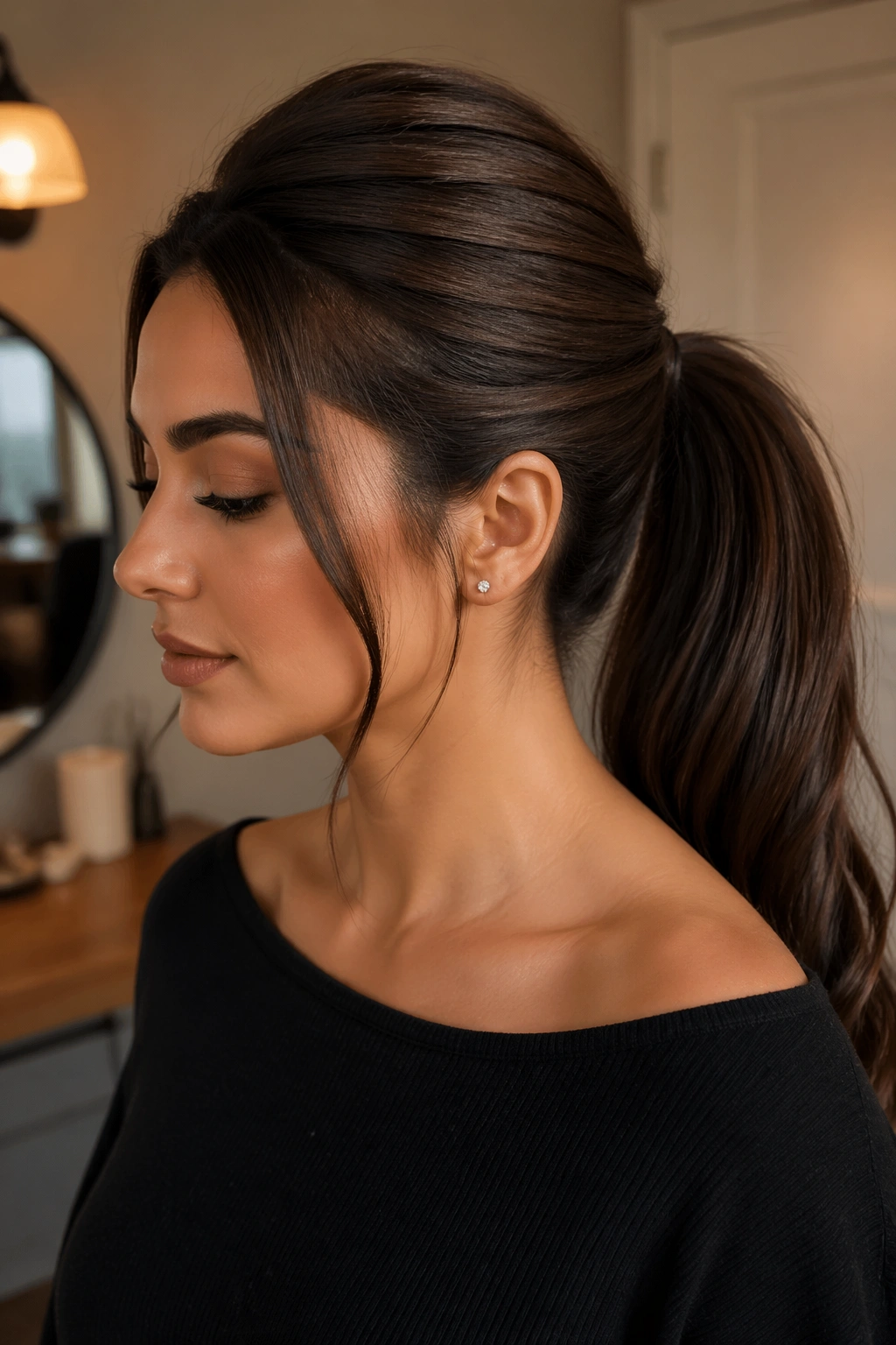 Real woman with a lifted crown in brown sleek ponytail.
