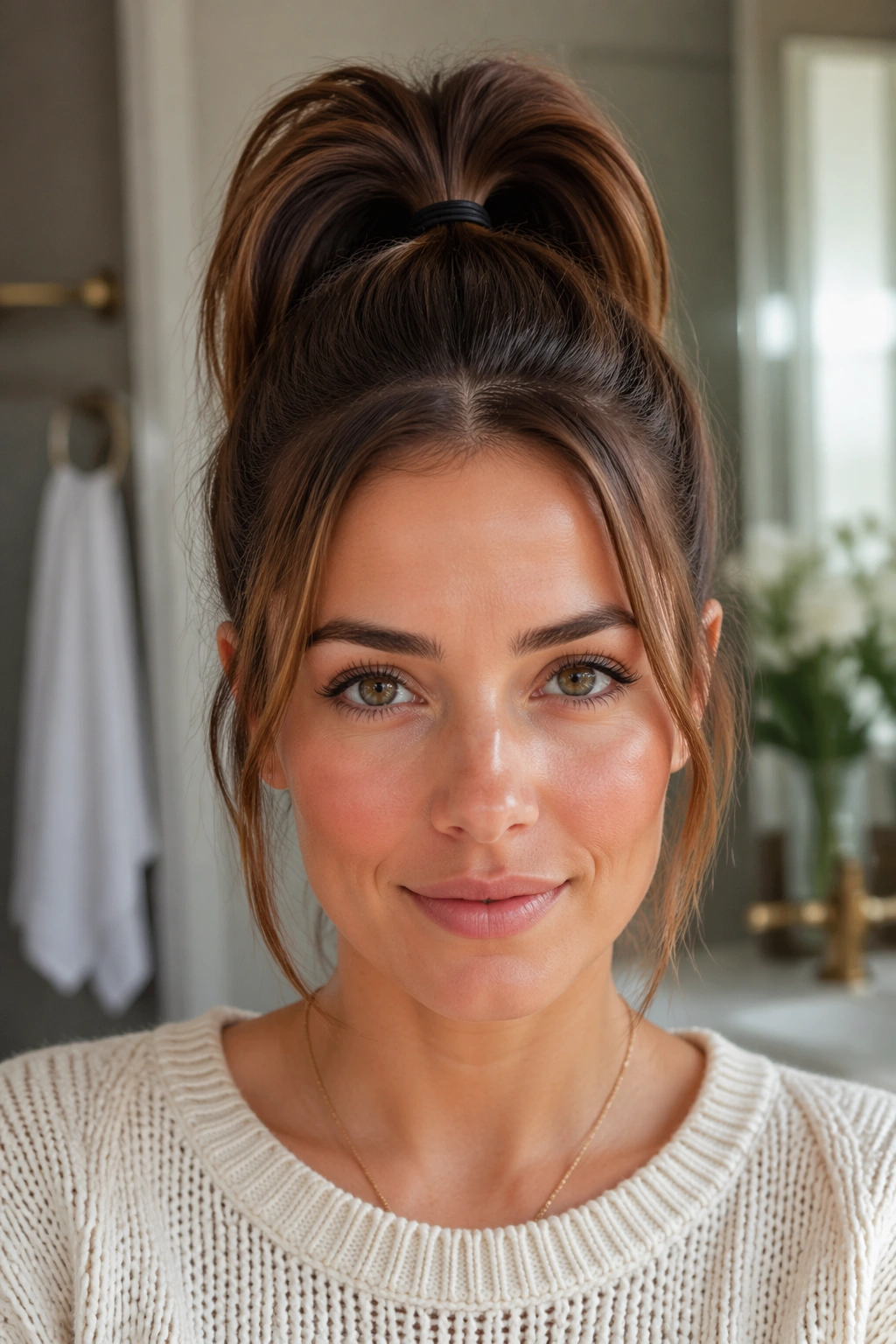 Real woman with double-elastic lifted ponytail showing two elastics.