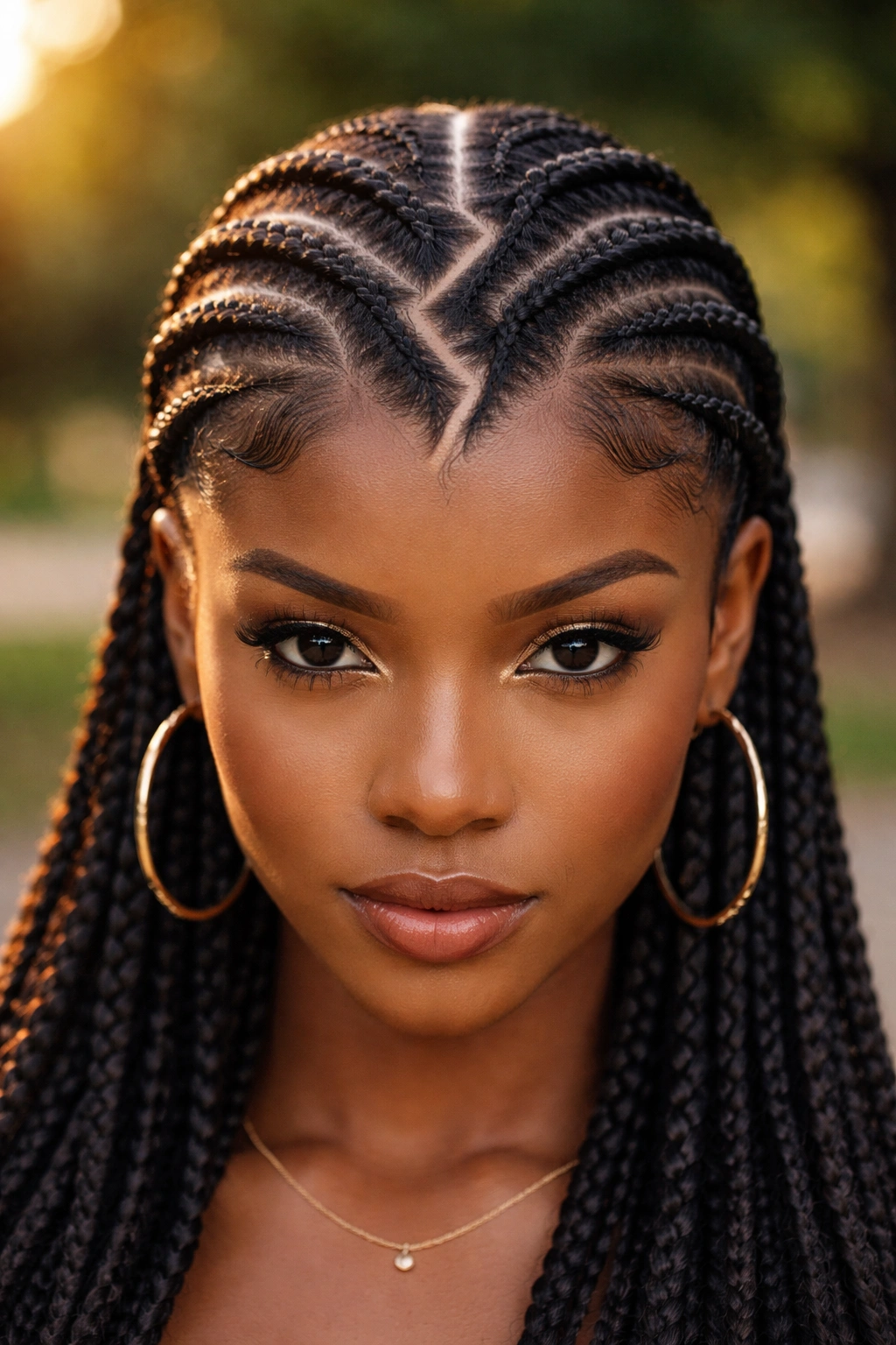 Close-up of a real woman with a center lightning bolt part in the hair.