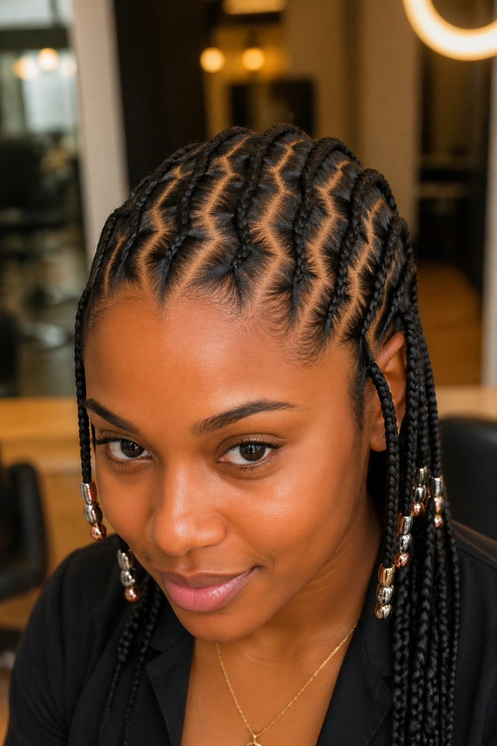 Close-up of a real person with six lightning-bolt zigzag braids and metallic bead tips.