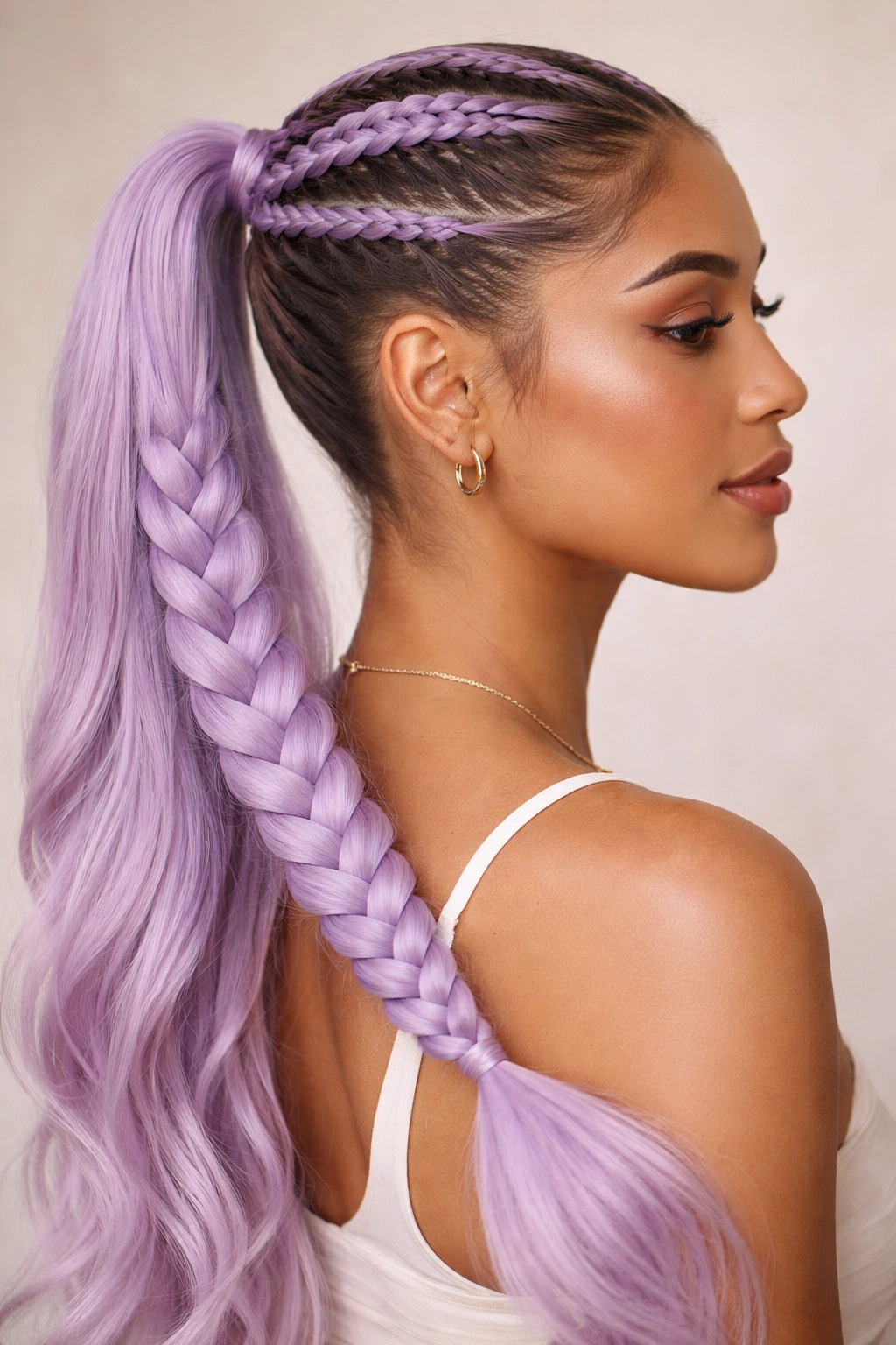 Lilac feed-in braid ponytail with tapered scalp line