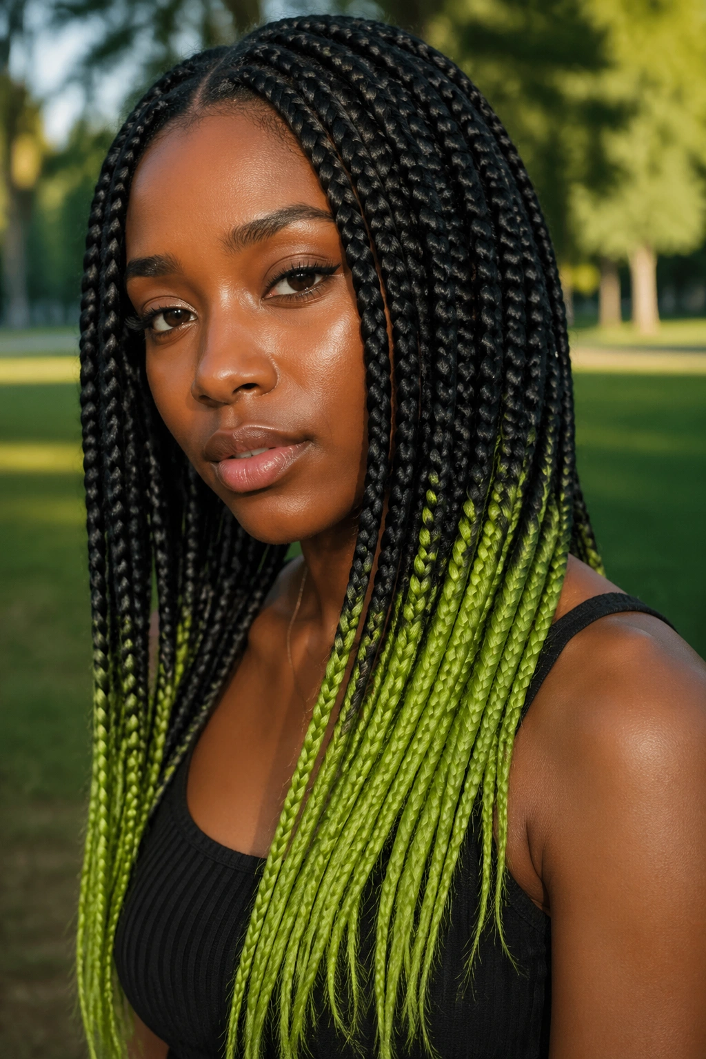 Close-up portrait of a real person with lime-dyed r-end box braids outdoors