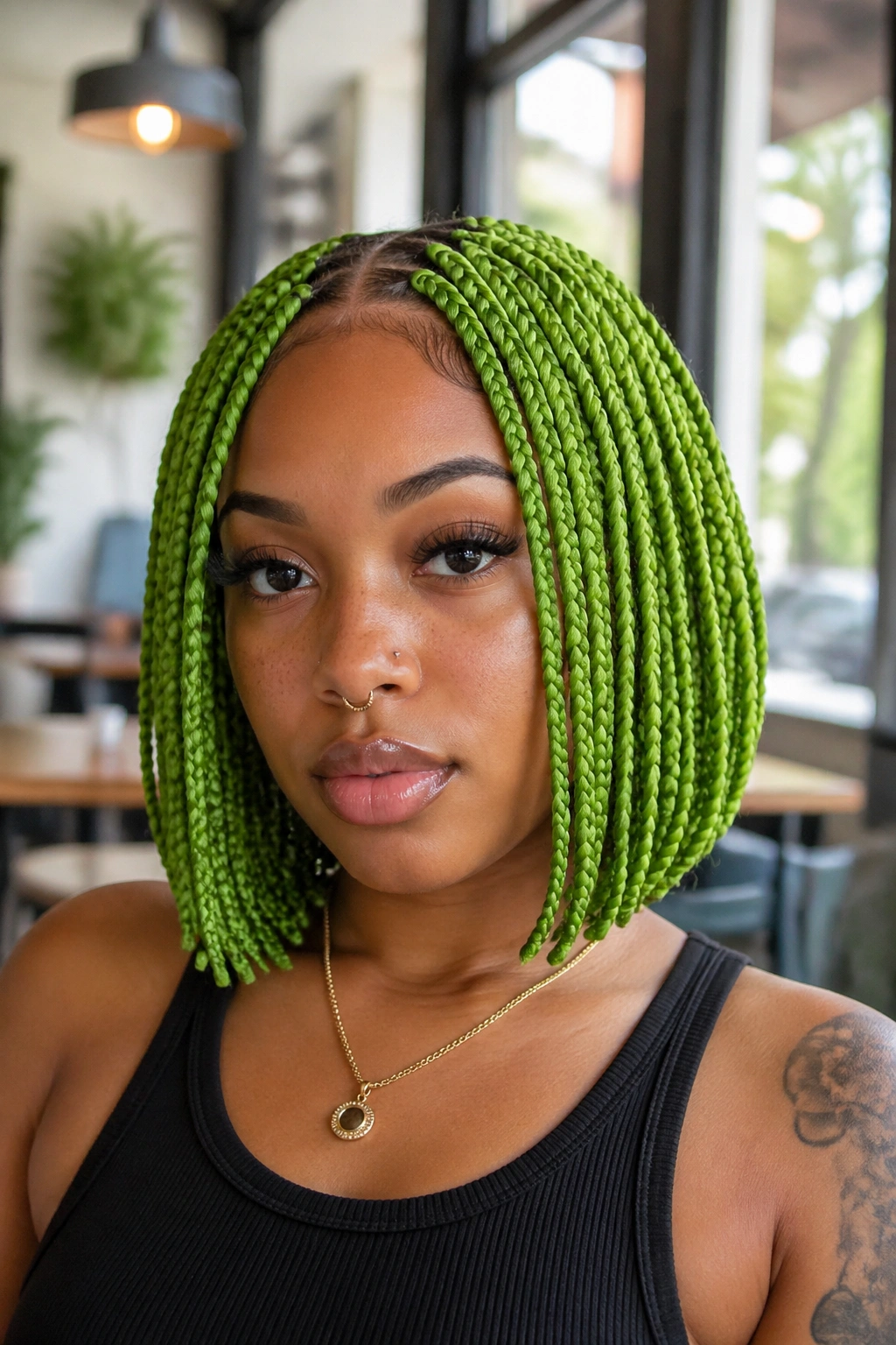 Portrait of lime green box braids in a sharp bob.