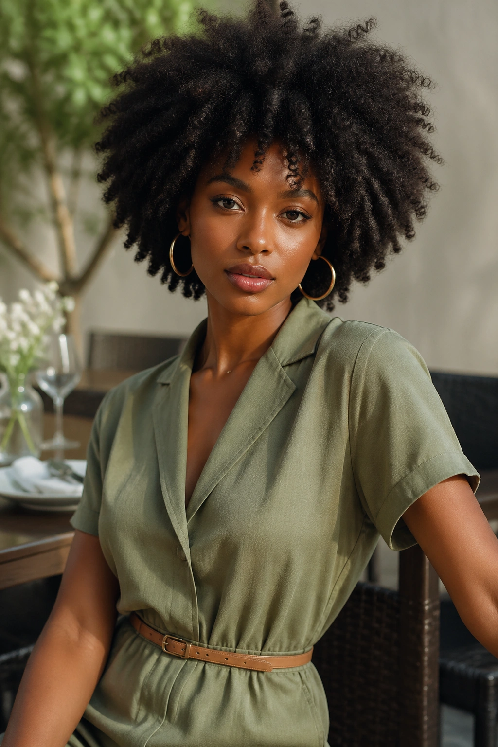 Portrait of a woman in a linen jumpsuit with belt outdoors