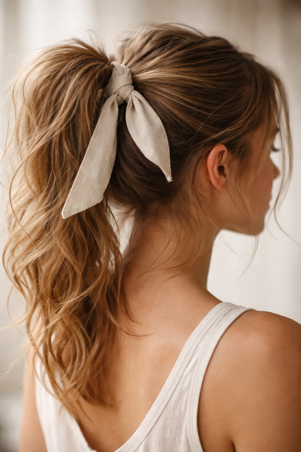 Messy high ponytail with linen ribbon, casual textured look