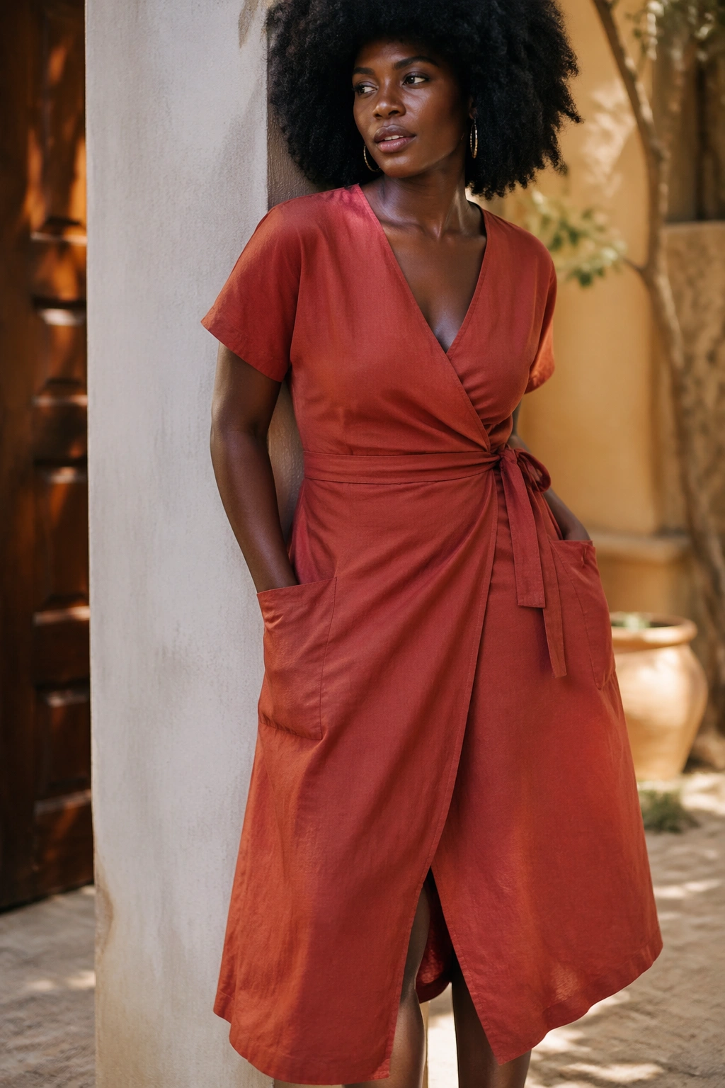 Model wearing rust linen wrap dress in an outdoor courtyard