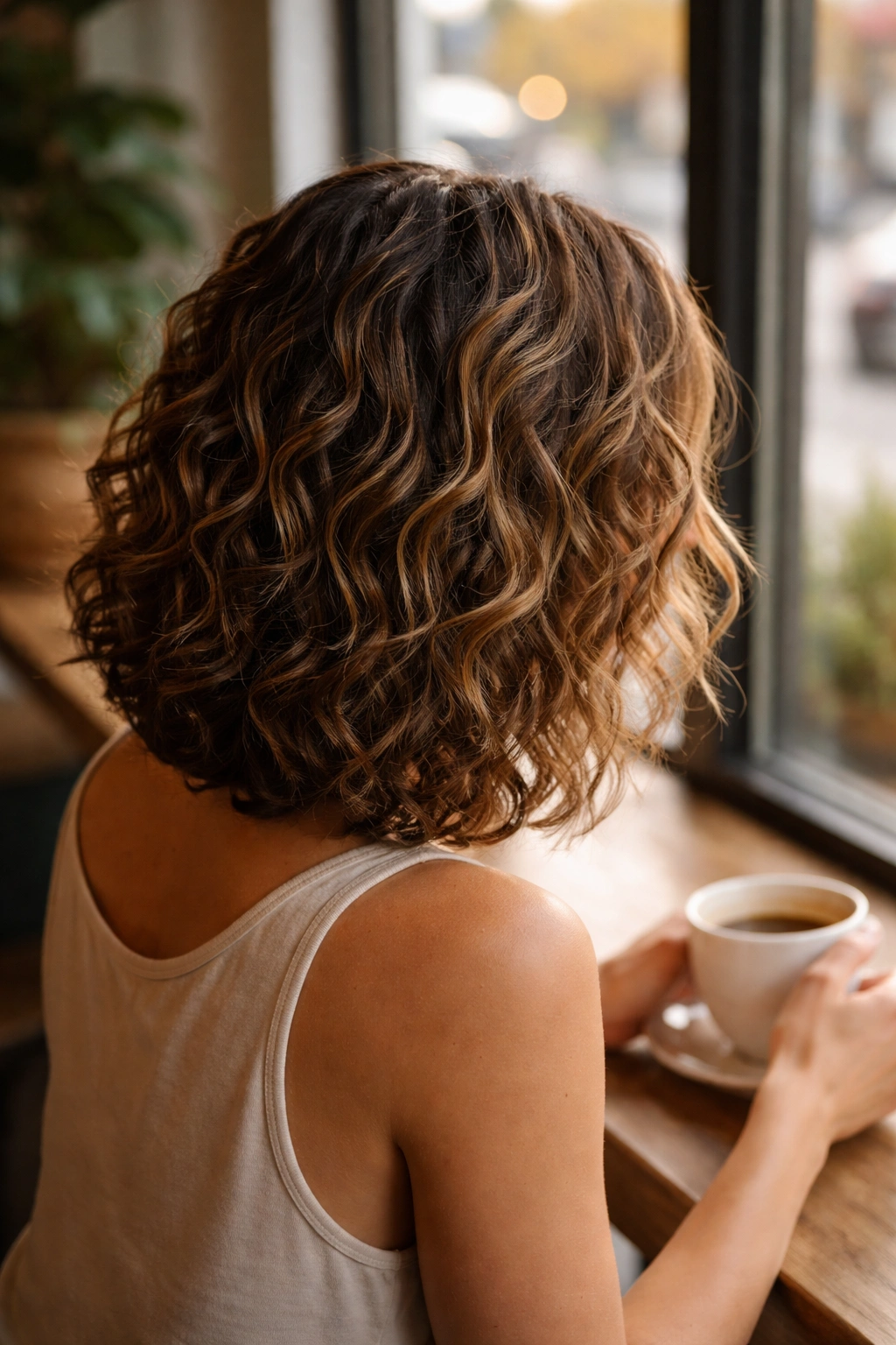 Curly lob with babylights seen from over-the-shoulder in cafe window light