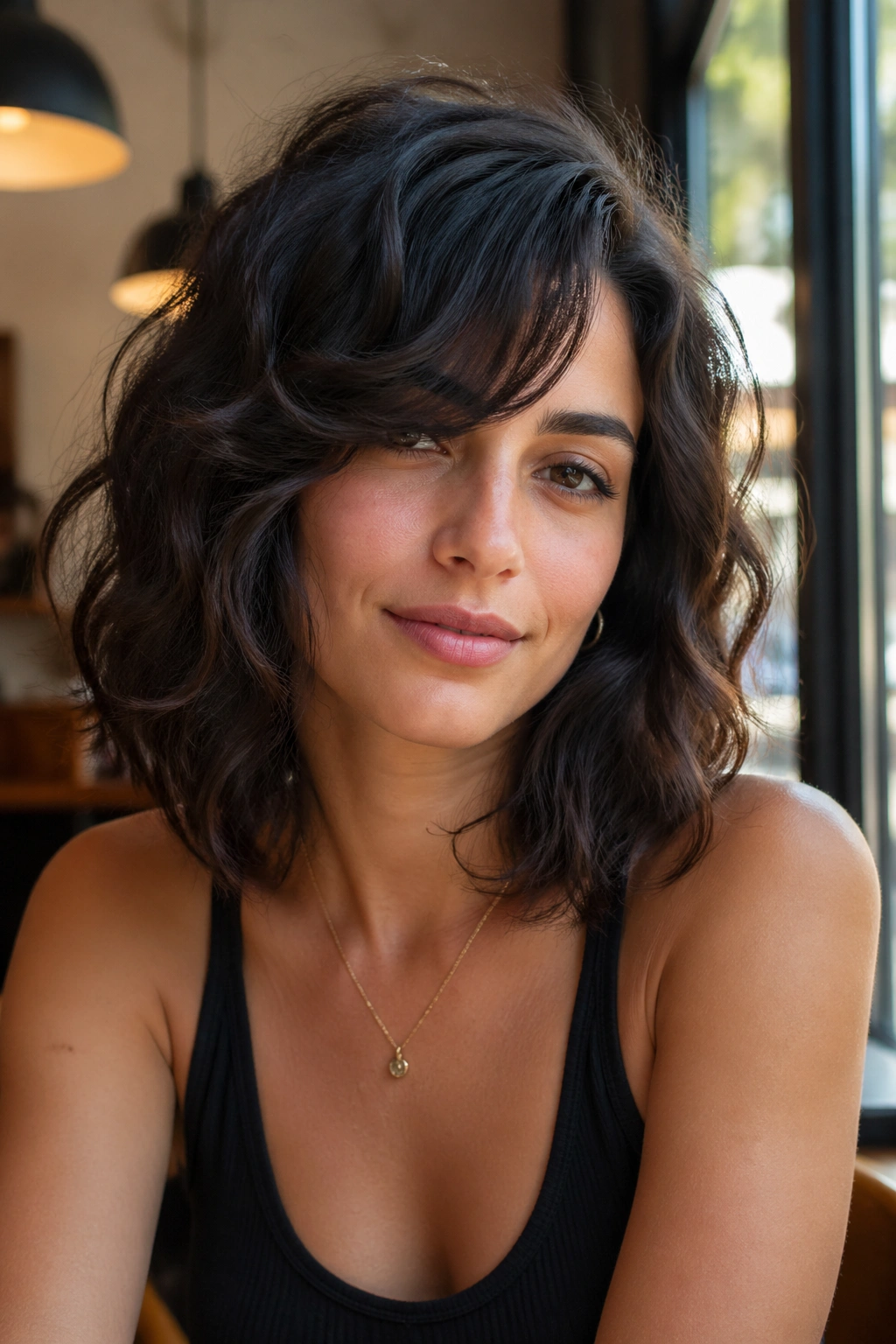 Close-up portrait of a real woman with a lob and bent side bangs in a sunlit cafe