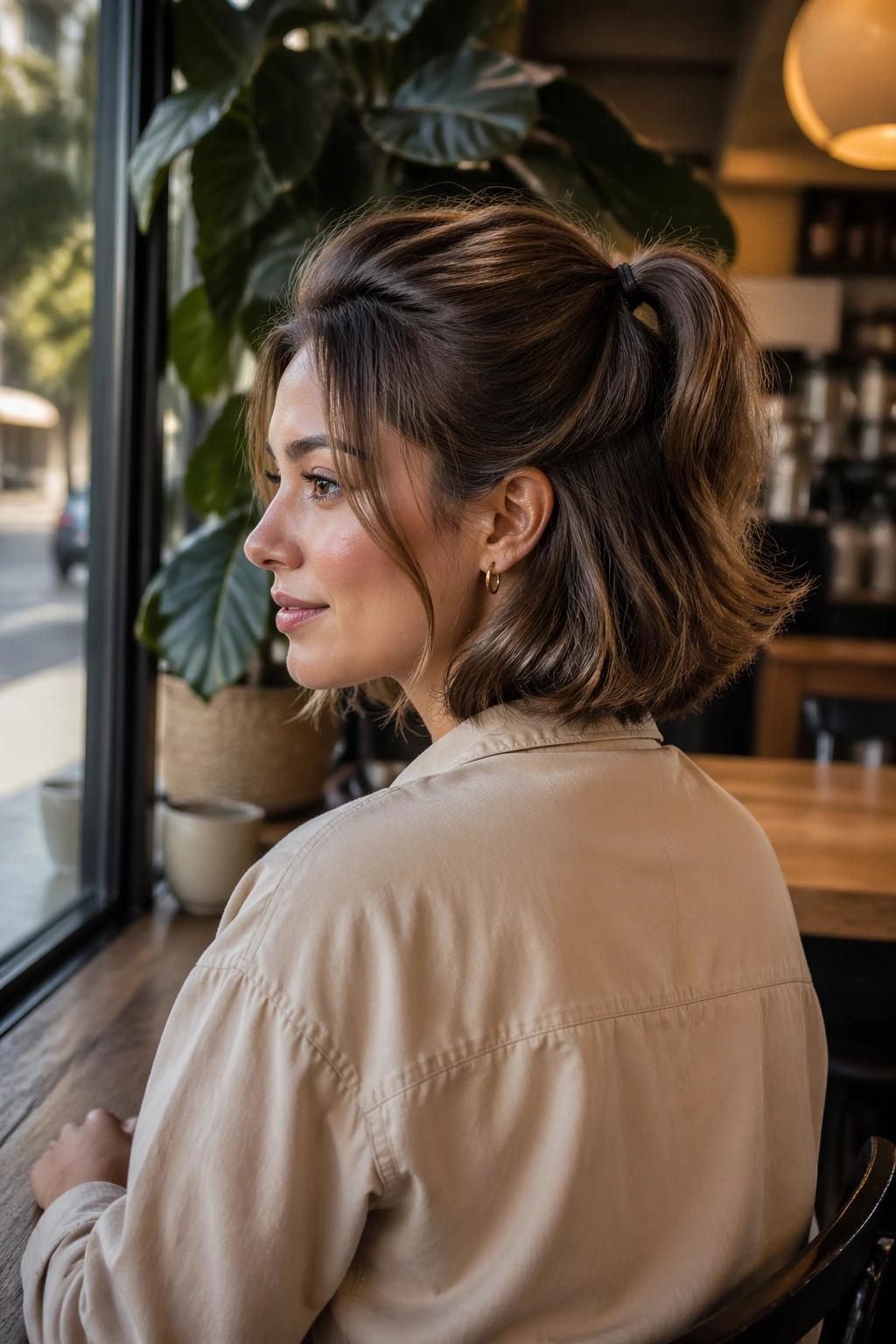 Wide shot of Curled-Out Ponytail on lob in cafe setting