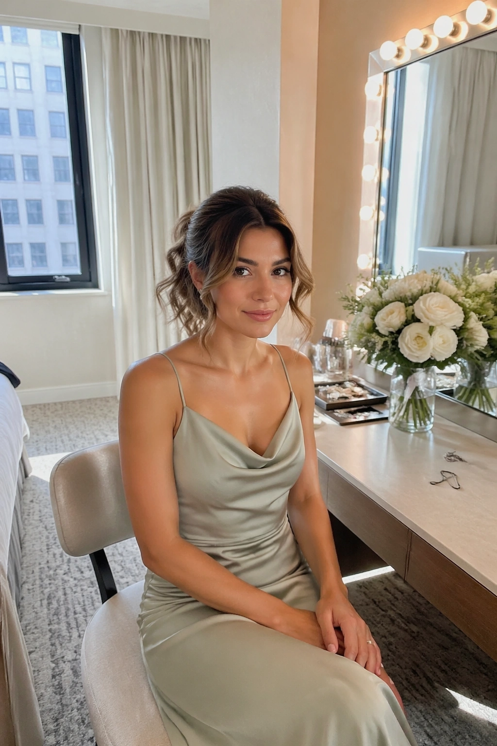Hotel room prep scene showing lob-length ponytail illusion being formed.