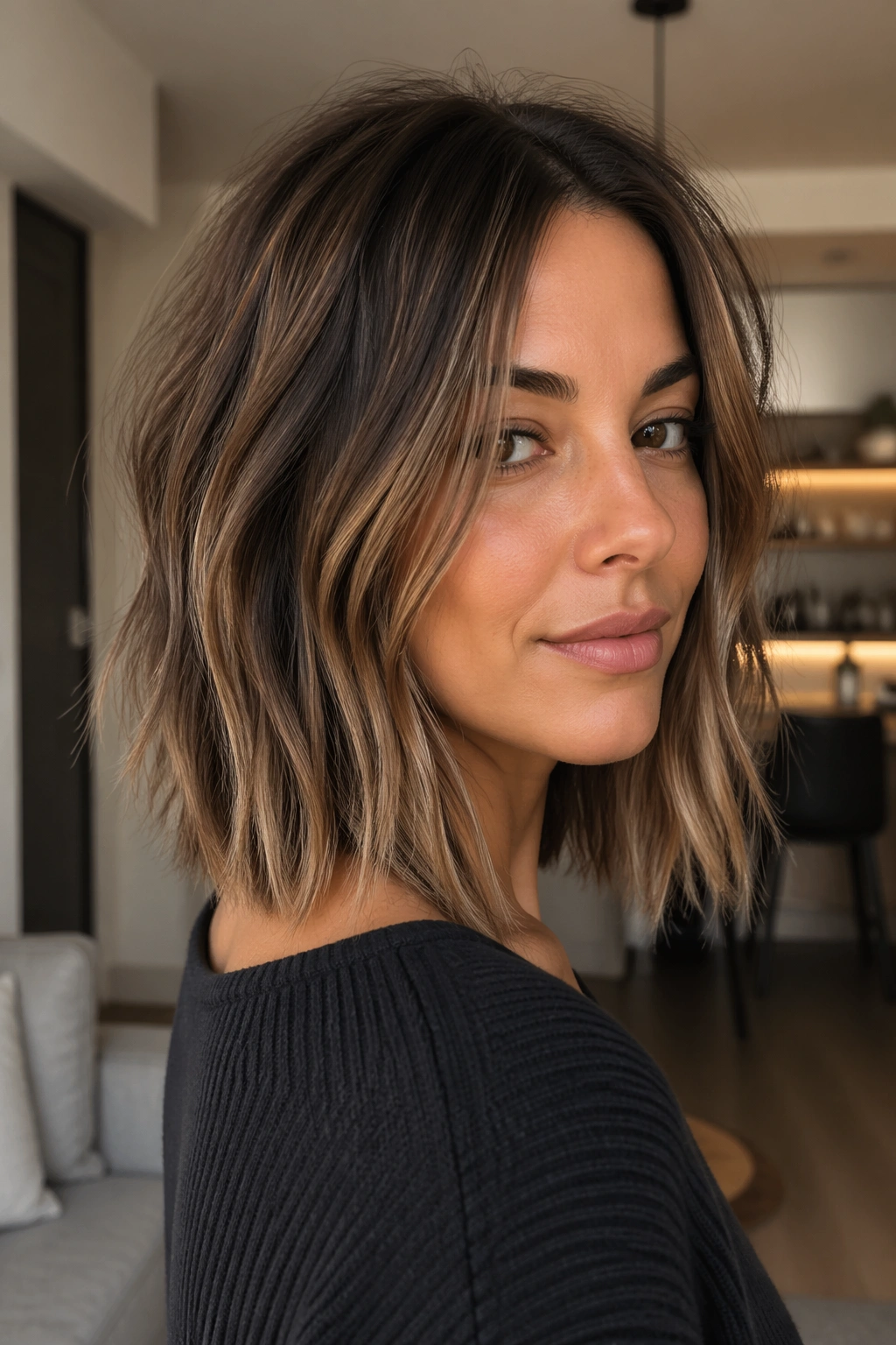Close-up portrait of a woman with a sleek lob and invisible layers in soft light