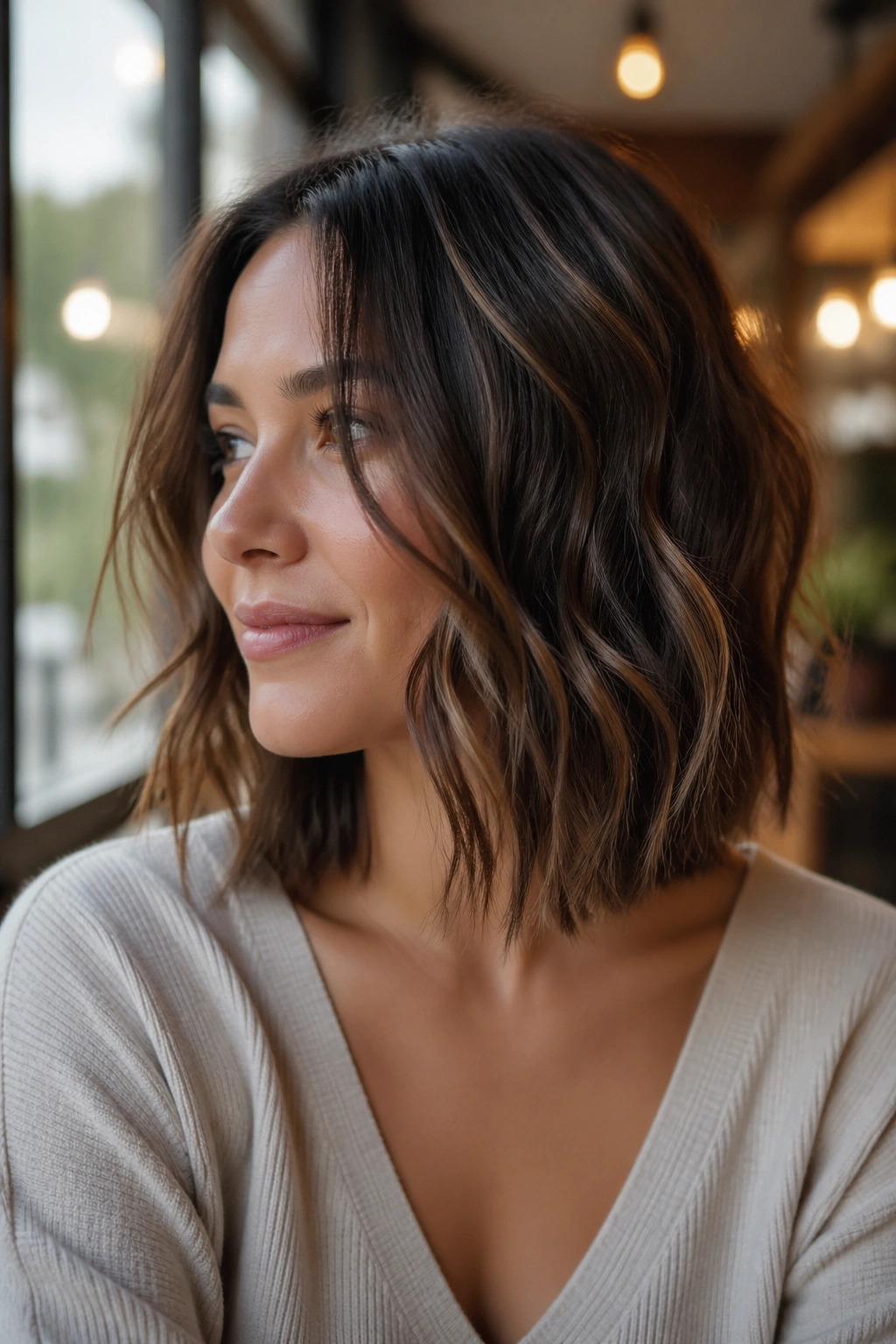 Portrait of a woman with collarbone-length lob and invisible layers in cafe light