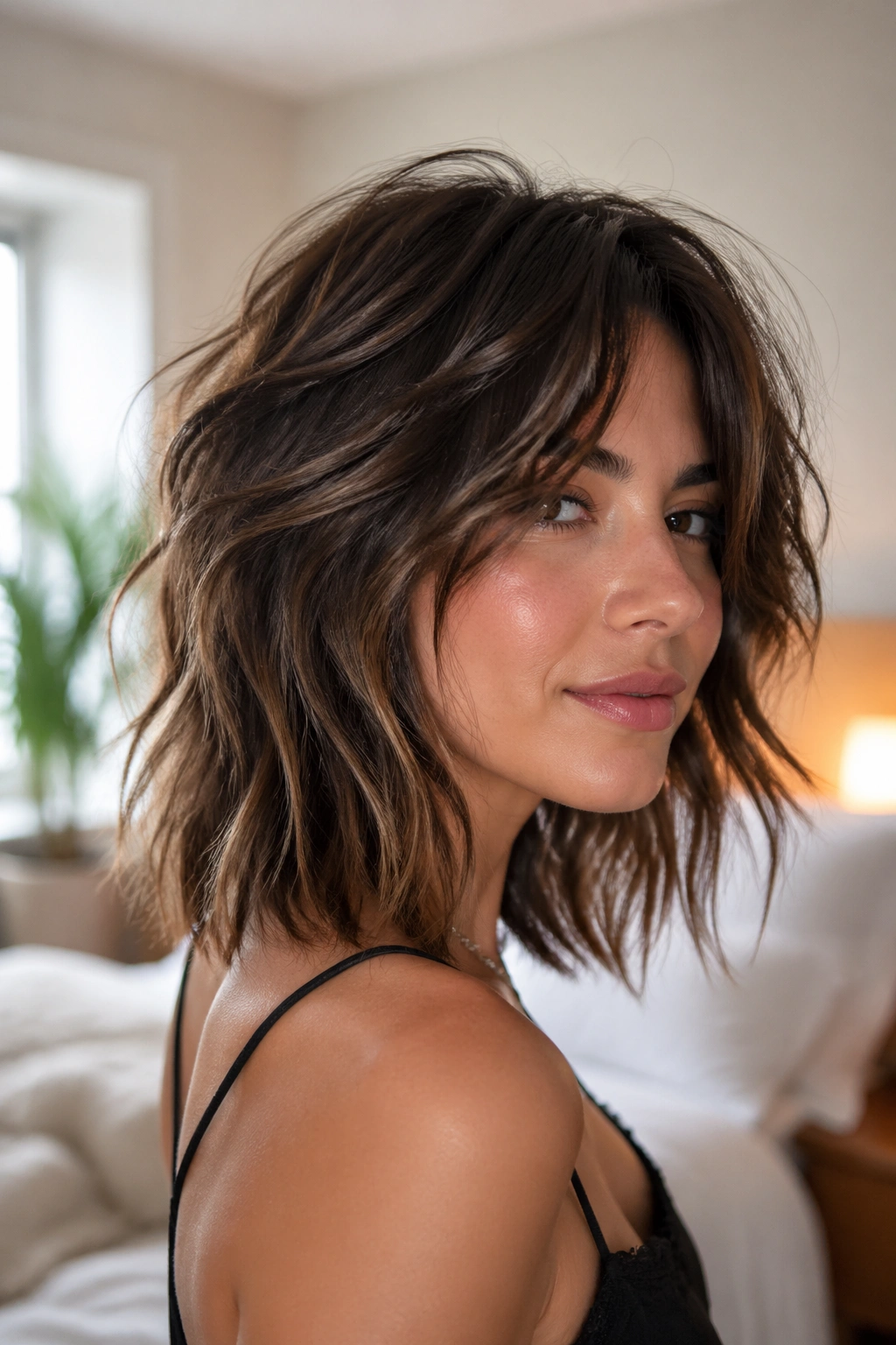 Close-up of a real woman with lob-shag hybrid hairstyle and shoulder-length waves.
